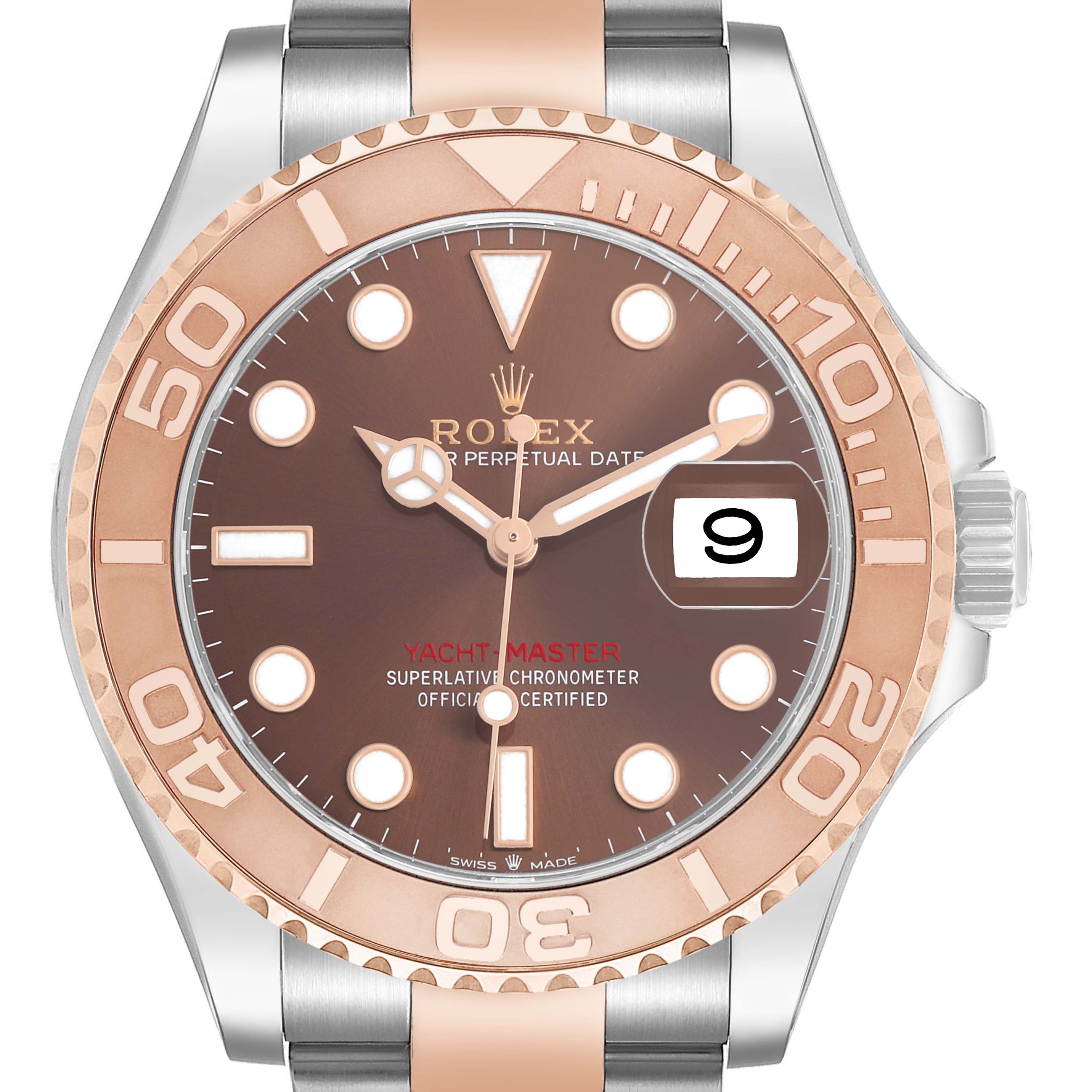 The Rolex Yacht-Master 126621 Men's Stainless Steel Brown Dial watch is shown from the front, highlighting the face, bezel, and part of the bracelet.