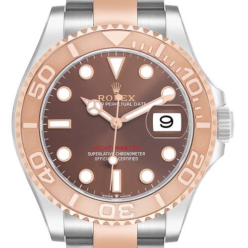 The Rolex Yacht-Master 126621 Men's Stainless Steel Brown Dial watch is shown from the front, displaying the dial, bezel, and part of the bracelet.