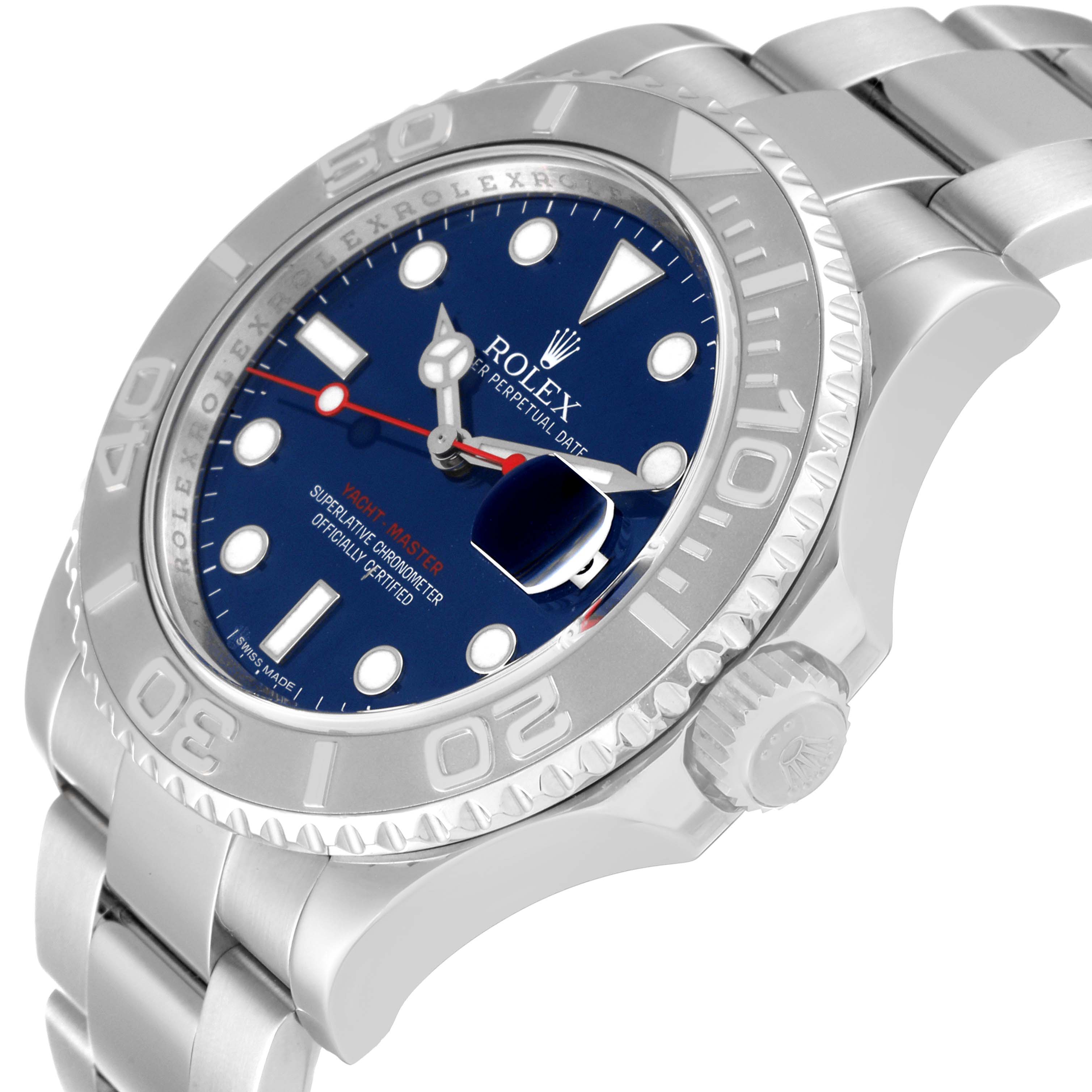 The image shows a side angle of a Rolex Yacht-Master 116622 Men's Stainless Steel Blue Dial 116622 Men's Stainless Steel Blue Dial watch, highlighting the blue dial, bezel, crown, and bracelet.
