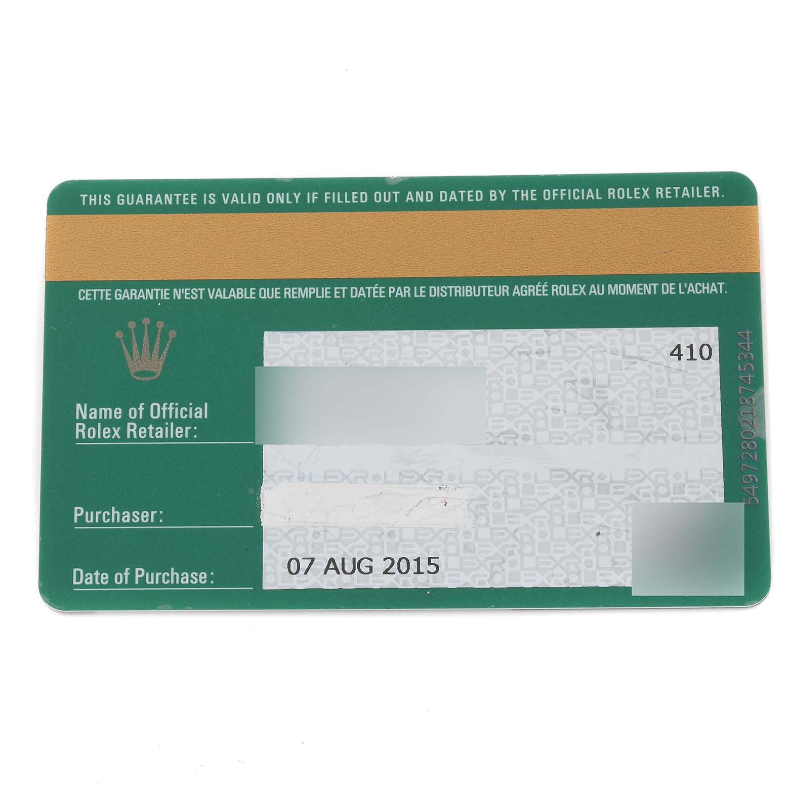 The image shows a Rolex Yacht-Master 116622 Men's Stainless Steel Blue Dial 116622 Men's Stainless Steel Blue Dial warranty card from an overhead view, providing details such as purchase date and the authorized retailer.