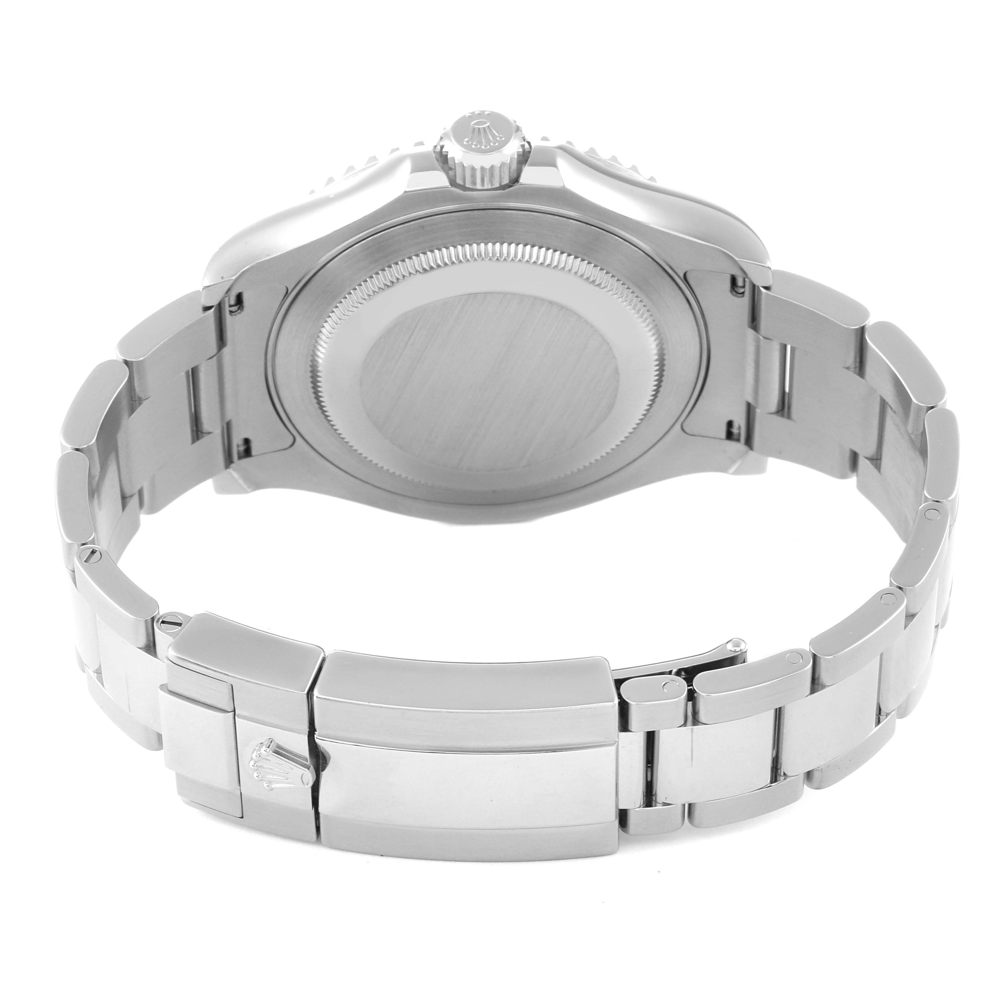 This image shows the back of the Rolex Yacht-Master 116622 Men's Stainless Steel Blue Dial 116622 Men's Stainless Steel Blue Dial watch, highlighting its case back, bracelet, and clasp.