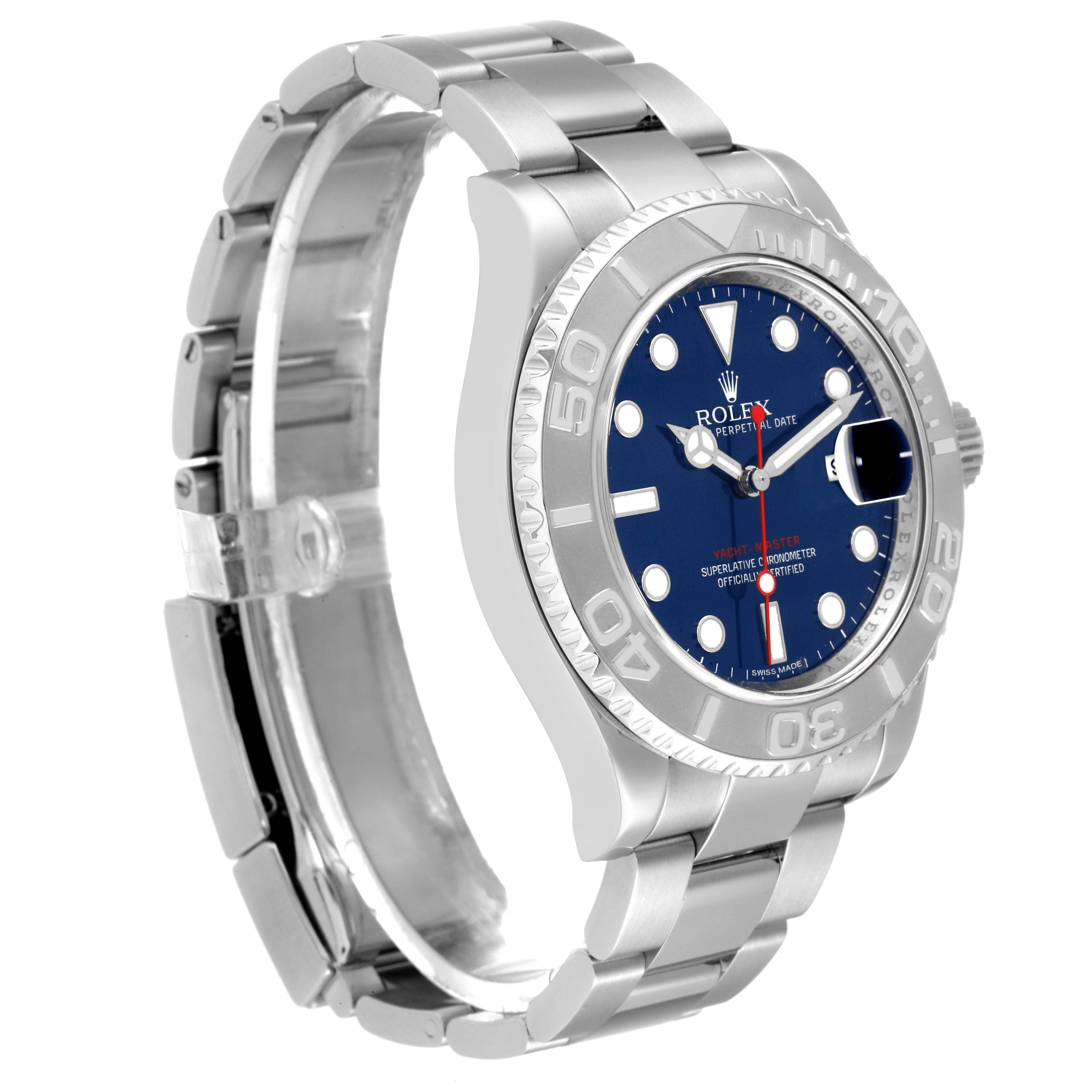 The Rolex Yacht-Master 116622 Men's Stainless Steel Blue Dial 116622 Men's Stainless Steel Blue Dial watch is shown at an angle displaying the face, bezel, and part of the bracelet.