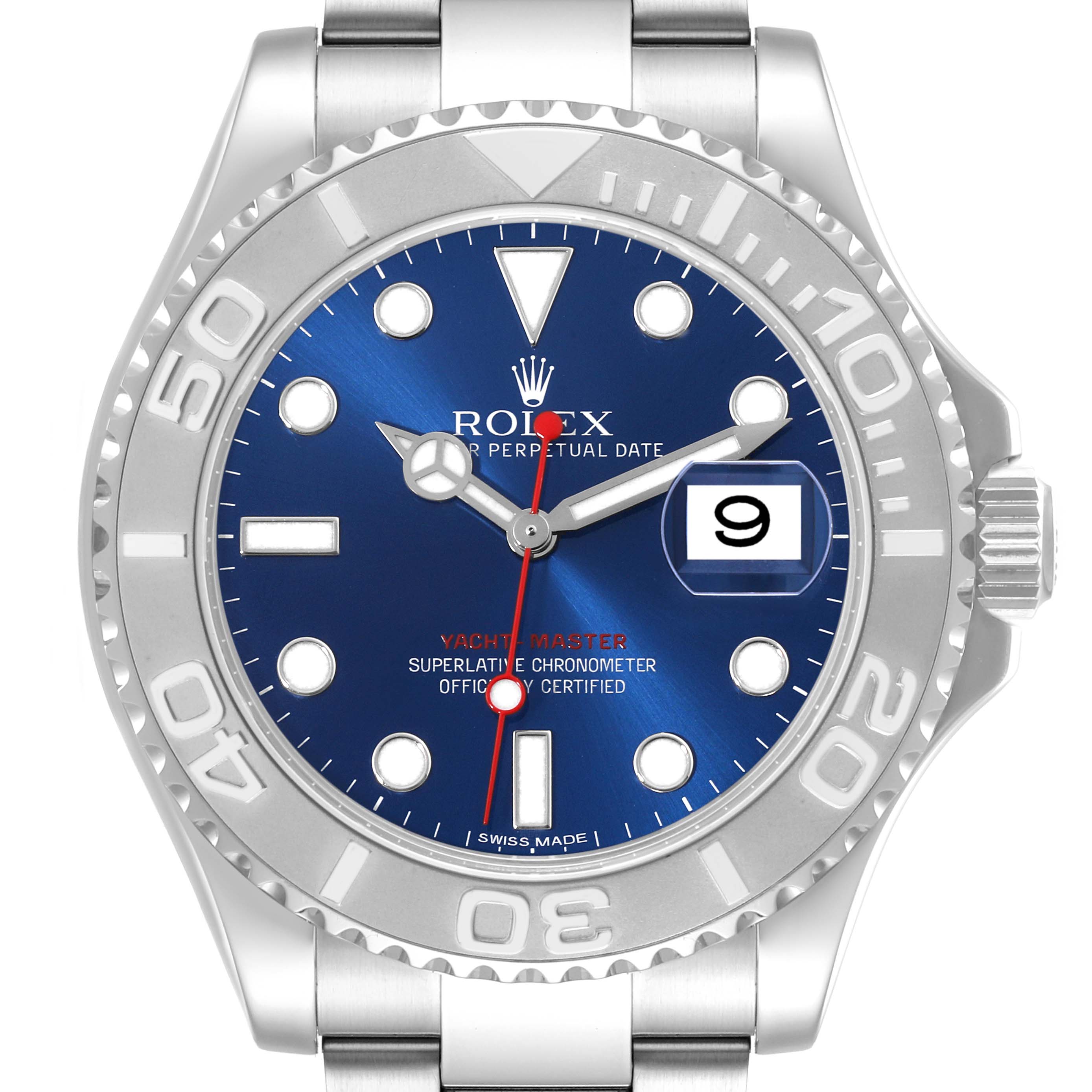 The Rolex Yacht-Master 116622 Men's Stainless Steel Blue Dial 116622 Men's Stainless Steel Blue Dial watch is shown from a front angle, highlighting its blue dial, date feature, and silver bezel.