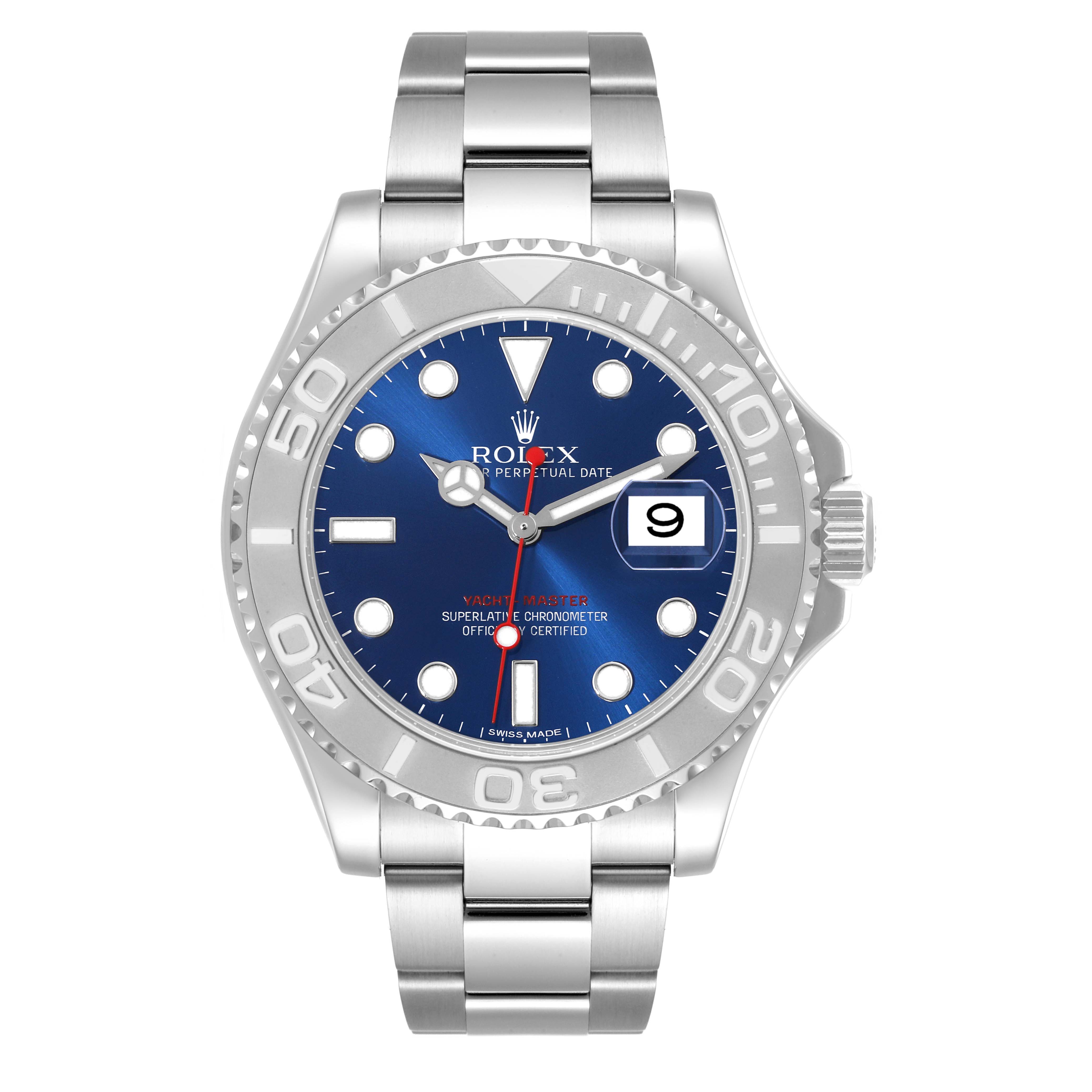 This is a front view of the Rolex Yacht-Master 116622 Men's Stainless Steel Blue Dial 116622 Men's Stainless Steel Blue Dial watch showing the face, bezel, and bracelet.