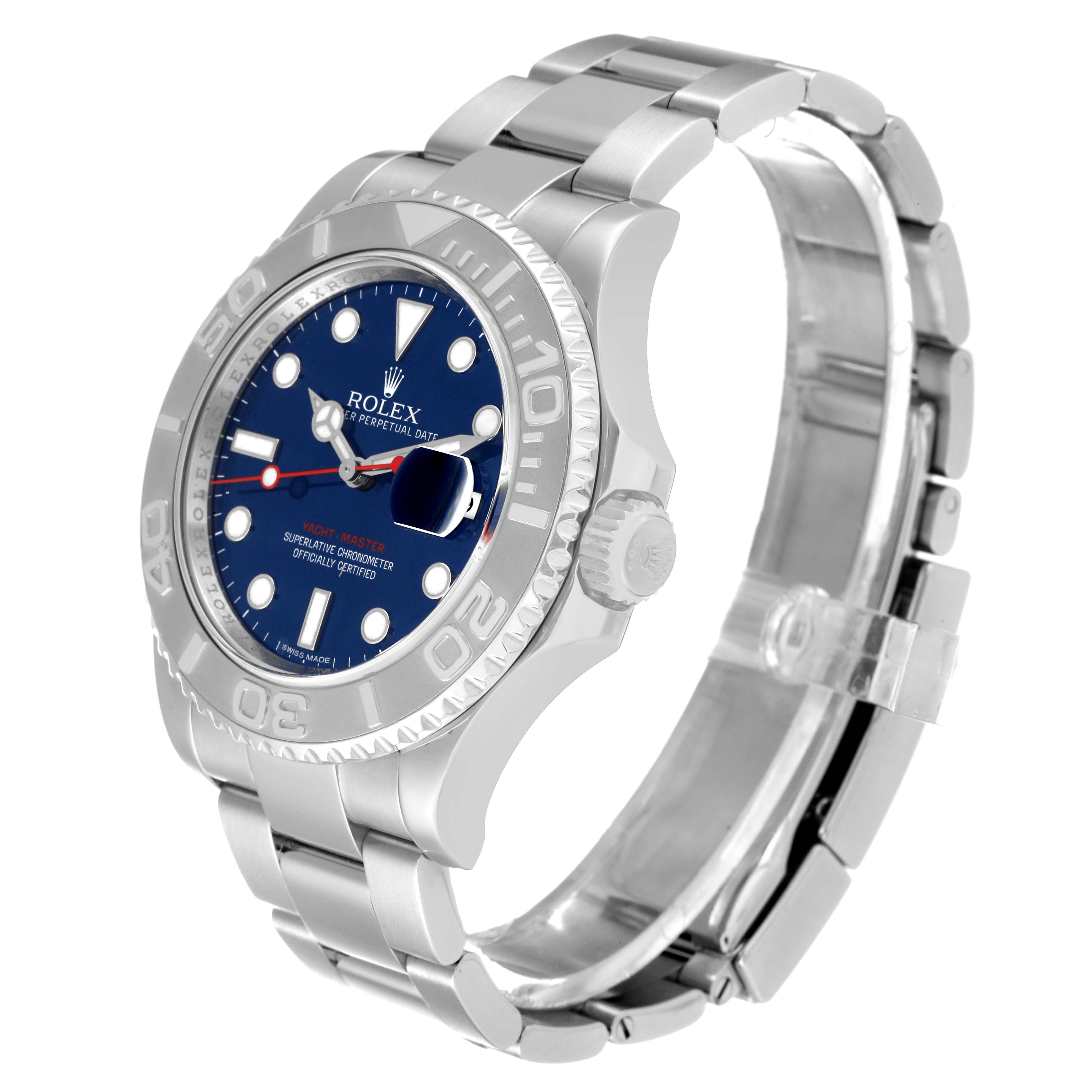 The Rolex Yacht-Master 116622 Men's Stainless Steel Blue Dial 116622 Men's Stainless Steel Blue Dial model watch is shown from a side angle featuring its dial, bezel, crown, and bracelet.