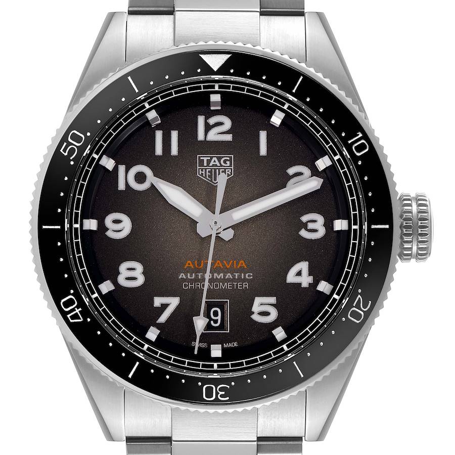 The Tag Heuer Autavia WBE5114 Men's Stainless Steel Brown Dial watch is shown from the front, highlighting the dial, bezel, crown, and part of the bracelet.
