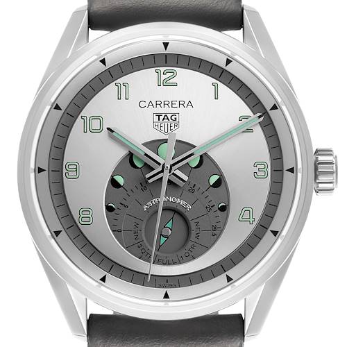 The Tag Heuer Carrera WBX2112.FC6615 Men's Stainless Steel Silver Dial watch is shown from a front angle, displaying the dial, hands, and crown.