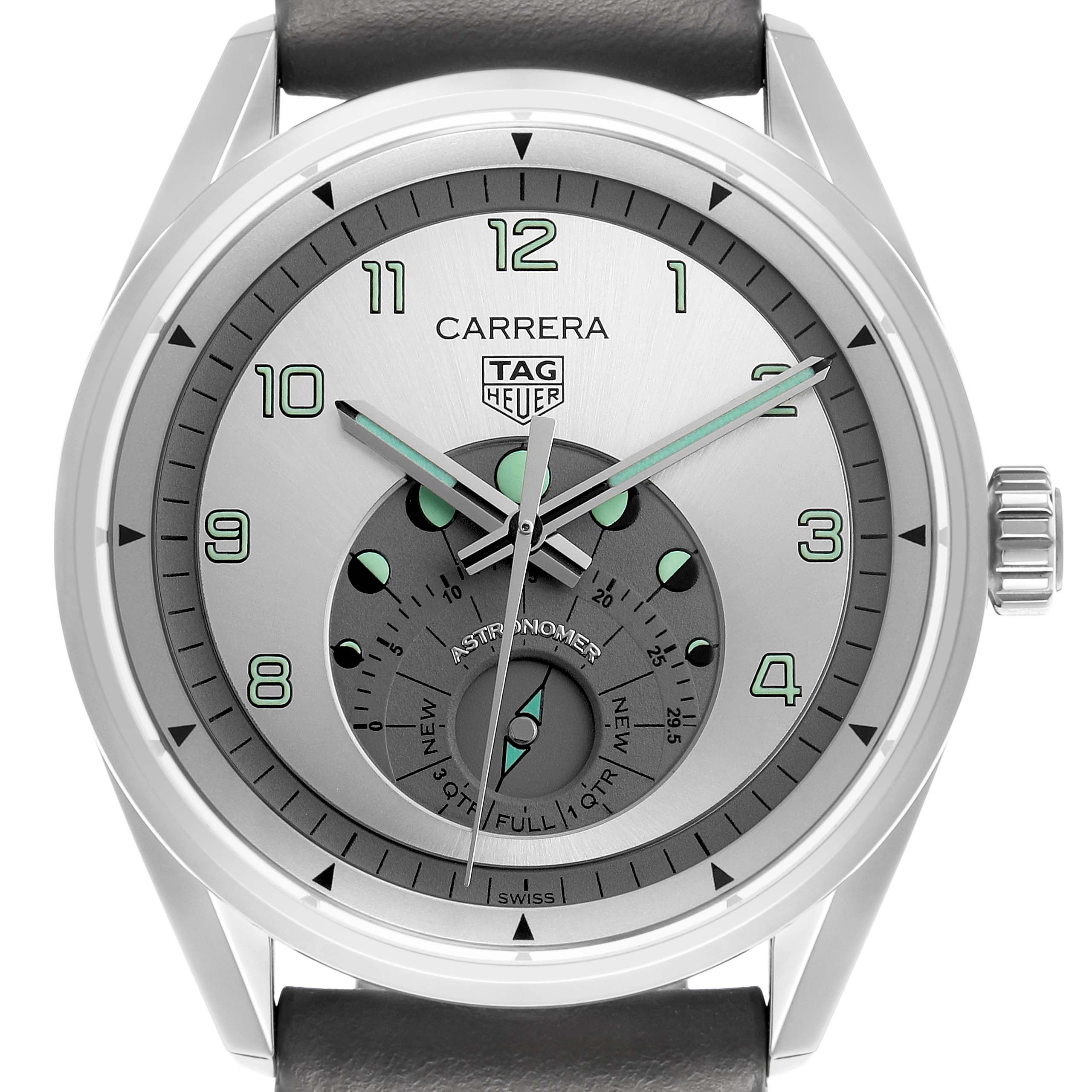 The Tag Heuer Carrera WBX2112.FC6615 Men's Stainless Steel Silver Dial watch is shown from a front angle, displaying the dial, hands, branding, and part of the strap.
