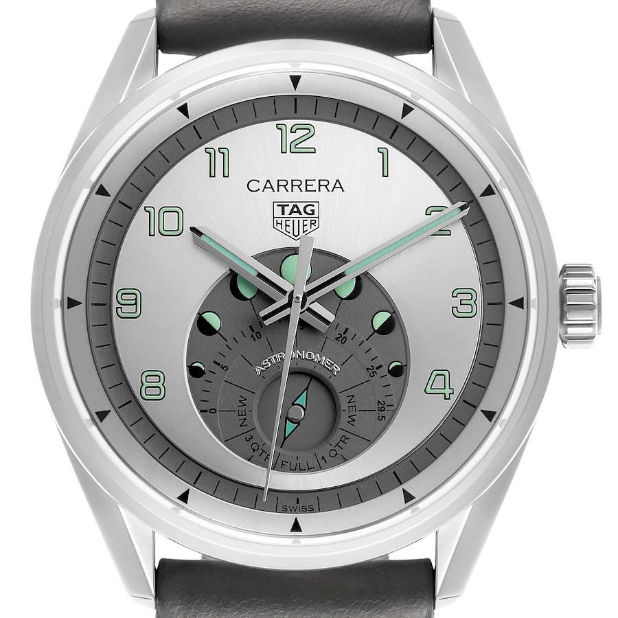 The Tag Heuer Carrera WBX2112.FC6615 Men's Stainless Steel Silver Dial watch is shown from a front angle, displaying the dial, hands, branding, and part of the strap.