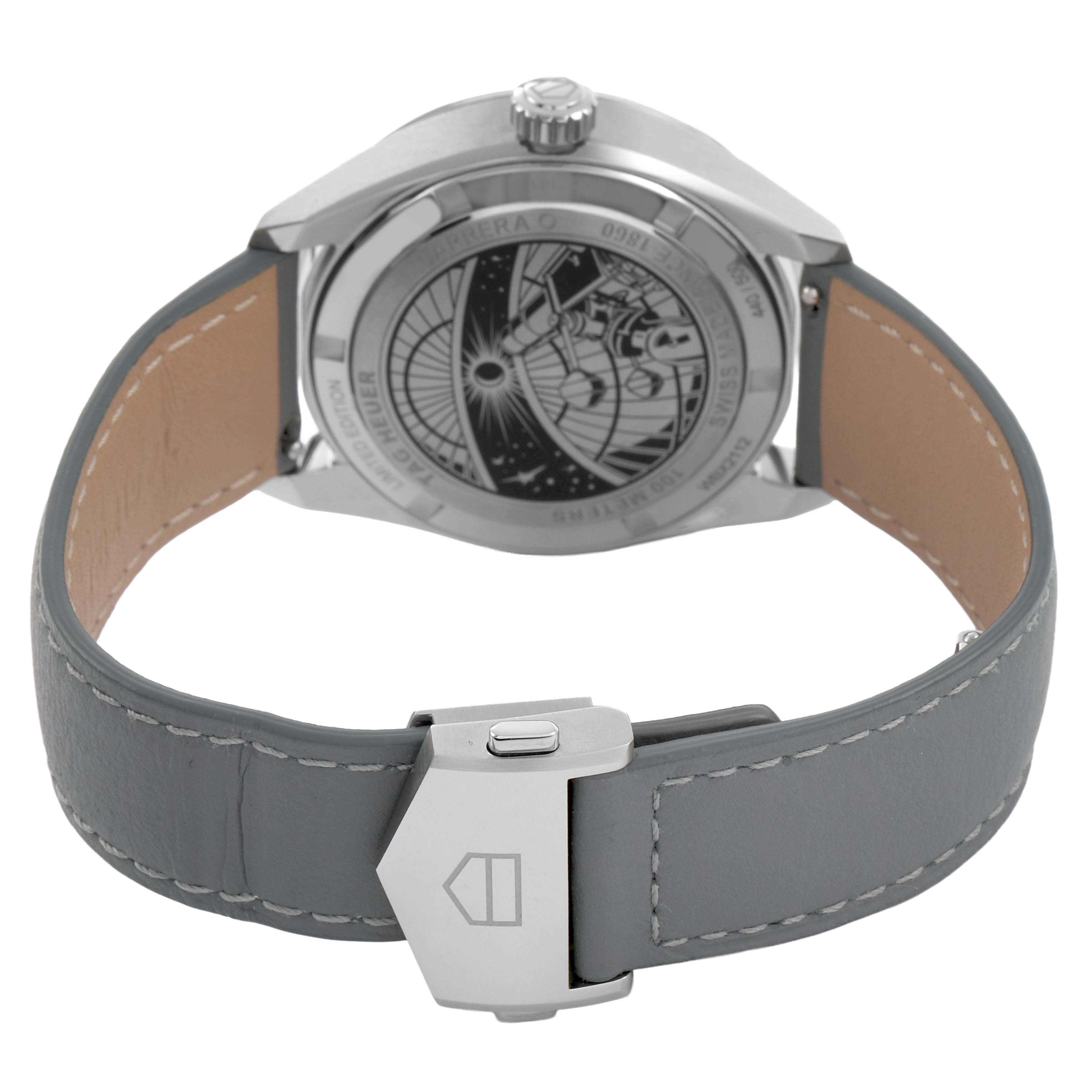 The image shows the back of a Tag Heuer Carrera WBX2112.FC6615 Men's Stainless Steel Silver Dial watch, highlighting the case back and buckle of the strap.