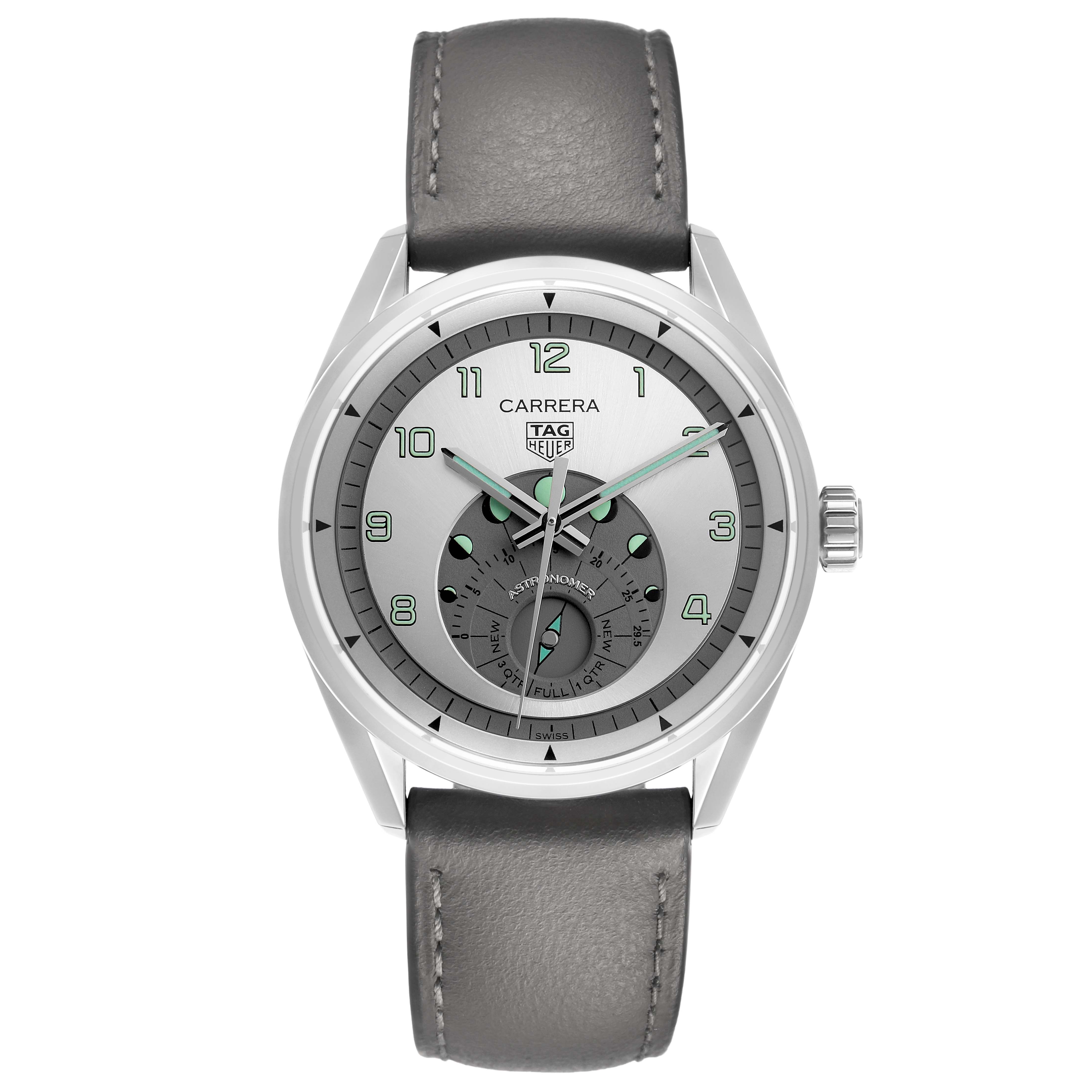 The Tag Heuer Carrera WBX2112.FC6615 Men's Stainless Steel Silver Dial watch is shown from a front angle, displaying its face and strap.
