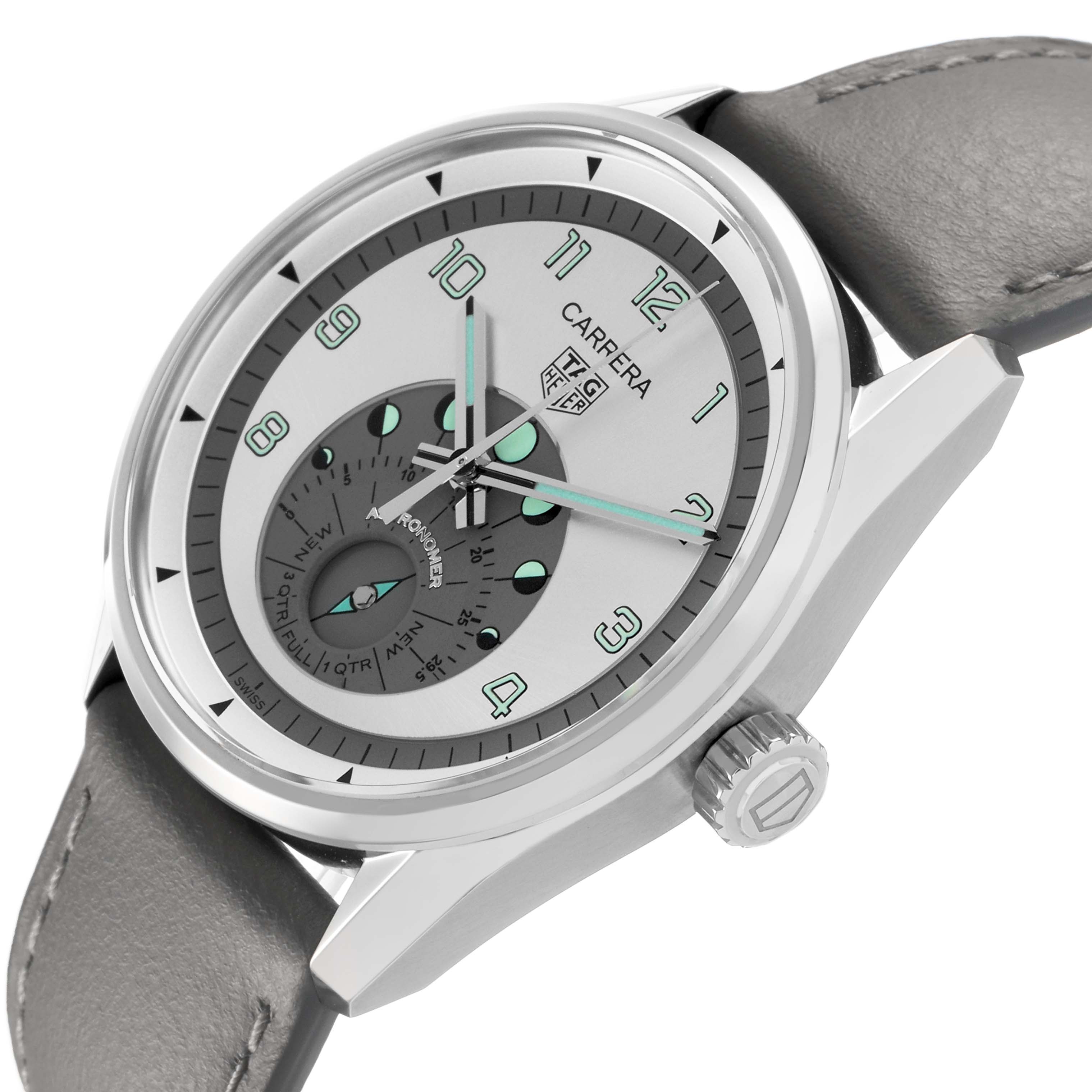 The Tag Heuer Carrera WBX2112.FC6615 Men's Stainless Steel Silver Dial watch is shown at a slight angle, highlighting the face, bezel, crown, and leather strap.