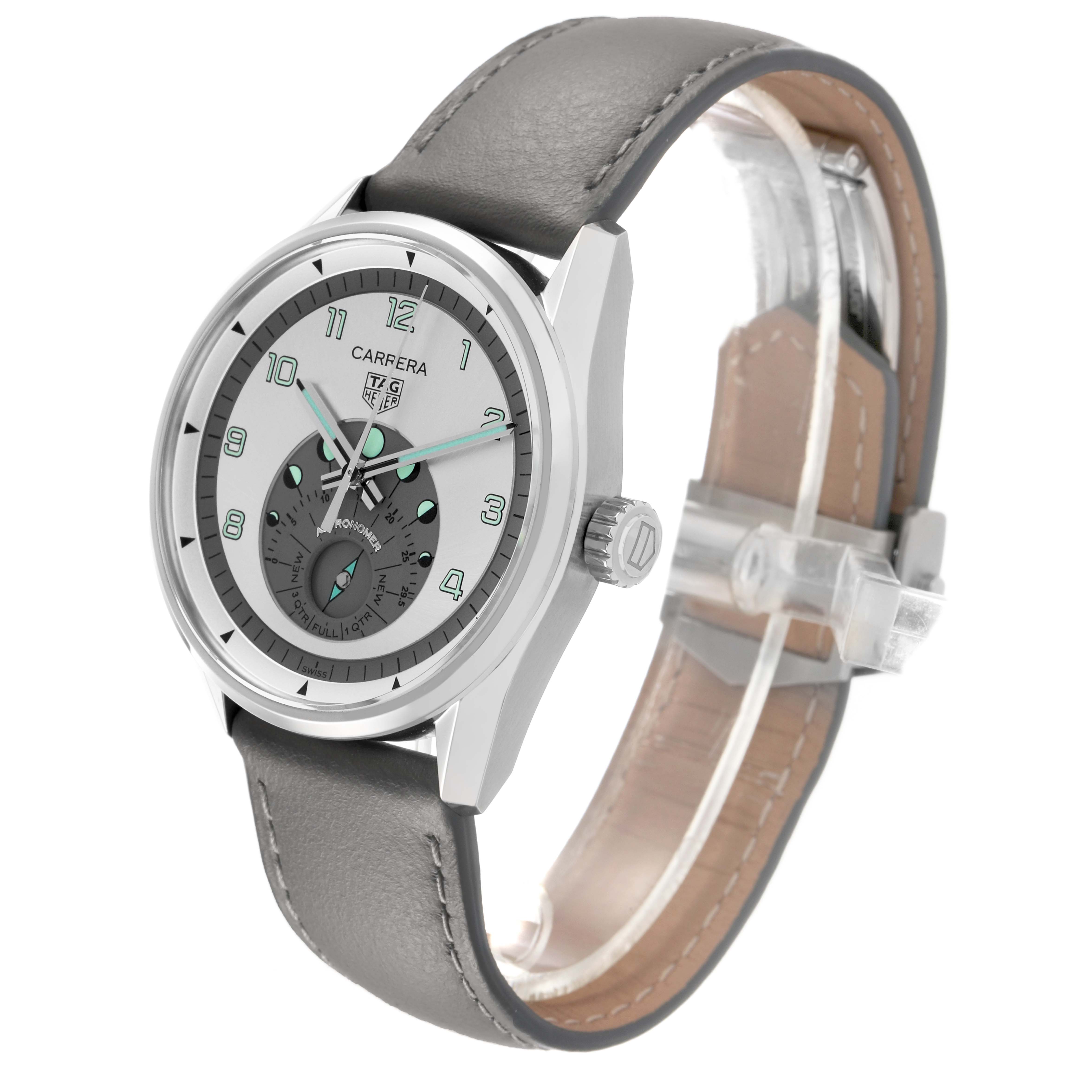 The Tag Heuer Carrera WBX2112.FC6615 Men's Stainless Steel Silver Dial watch is shown at an angled side view, highlighting the dial, case, crown, and leather strap.