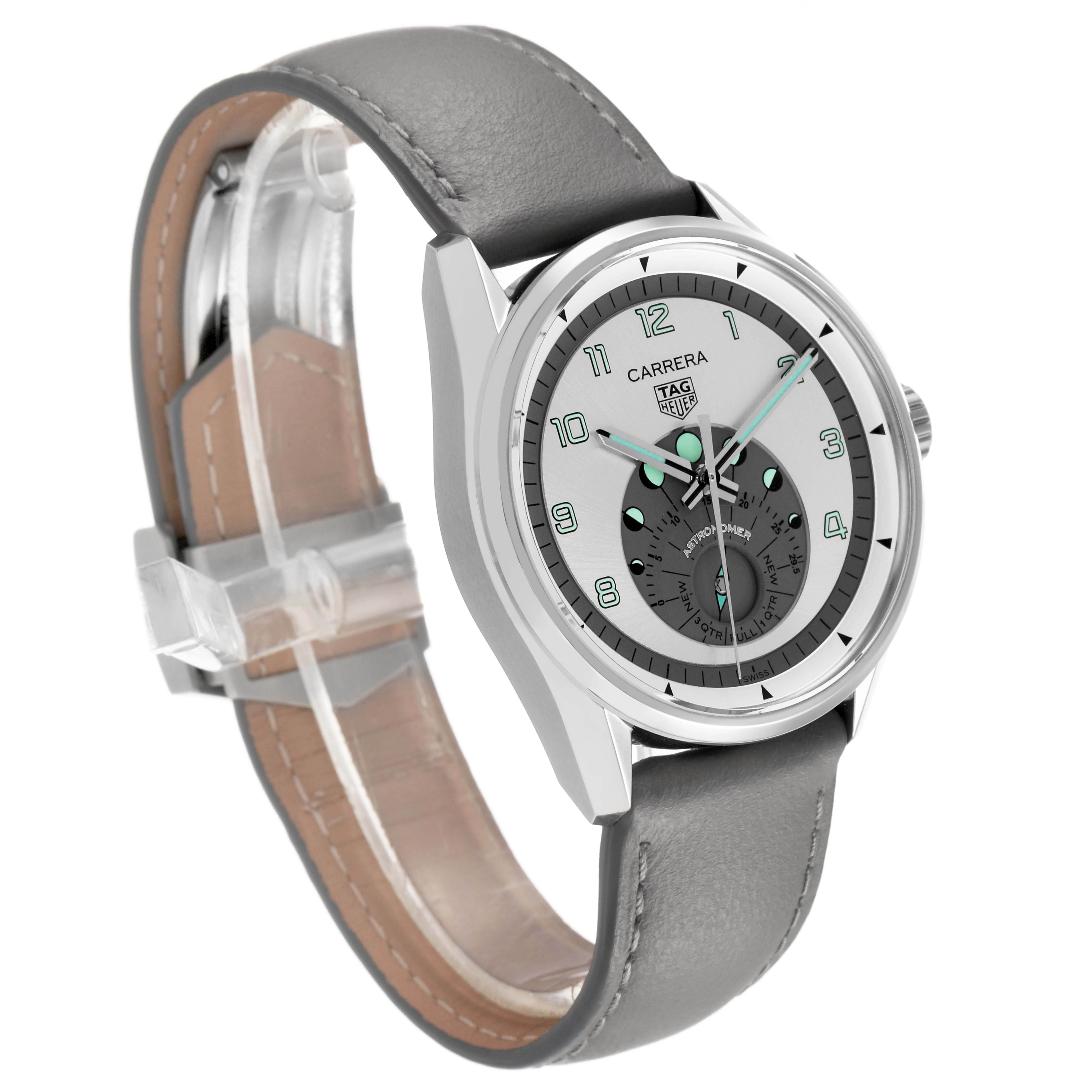 The Tag Heuer Carrera WBX2112.FC6615 Men's Stainless Steel Silver Dial watch is shown at a three-quarter angle, displaying the face, bezel, and leather strap.