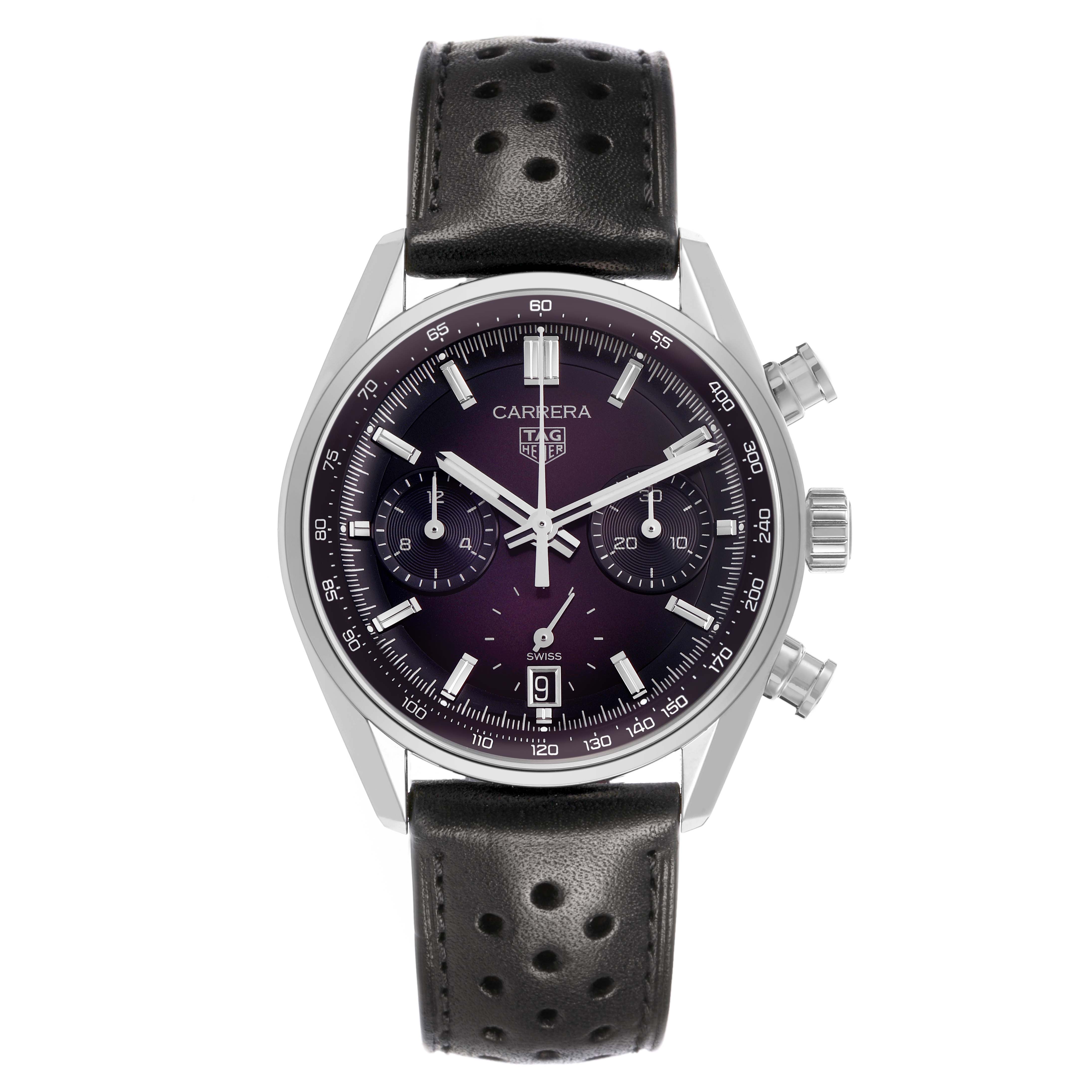 The Tag Heuer Carrera CBS2219.FC6607 Men's Stainless Steel Purple Dial watch is shown from a frontal angle, displaying its dial, bezel, pushers, crown, and black perforated leather strap.