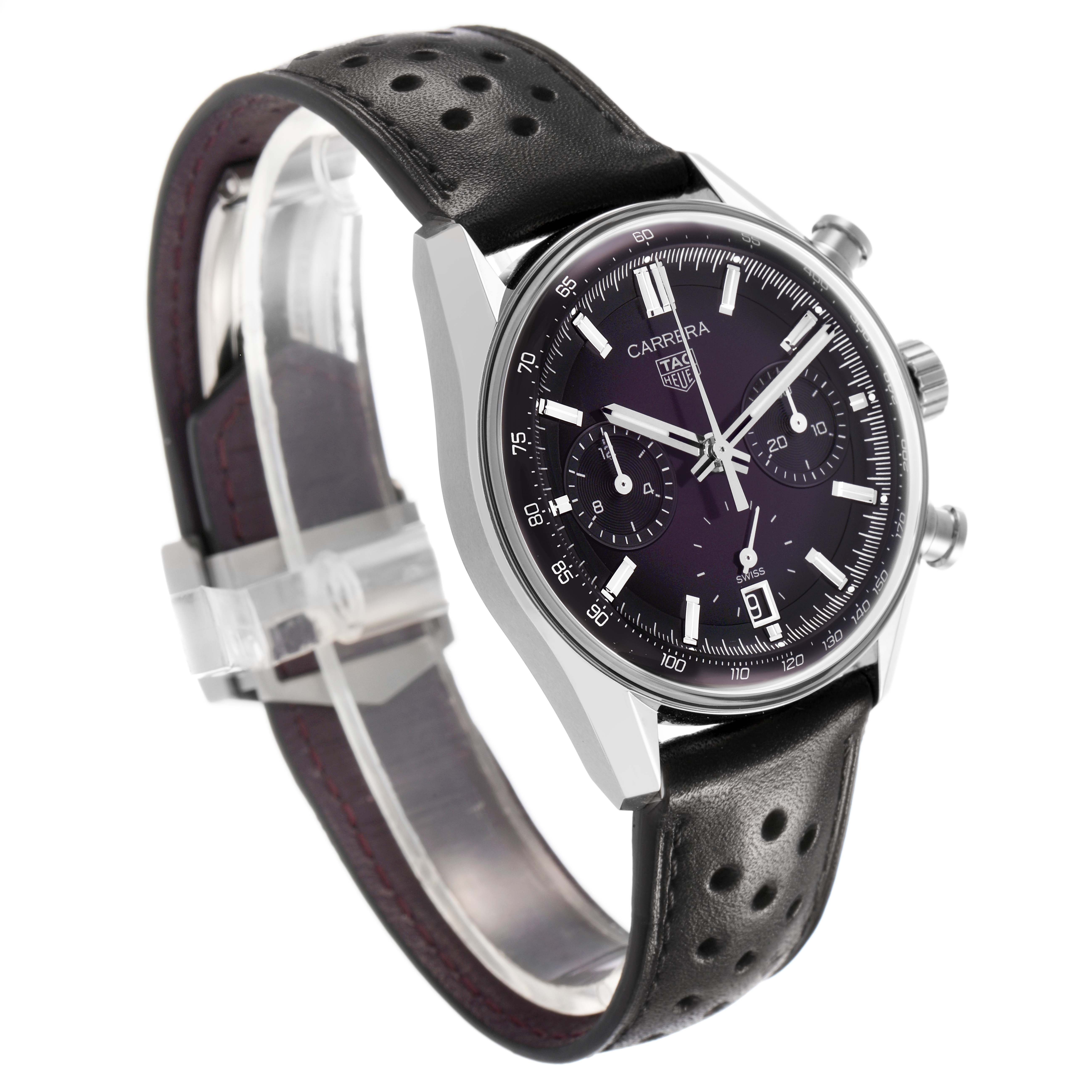 The Tag Heuer Carrera CBS2219.FC6607 Men's Stainless Steel Purple Dial watch is shown at a three-quarter angle, highlighting its dial, subdials, pushers, and perforated leather strap.