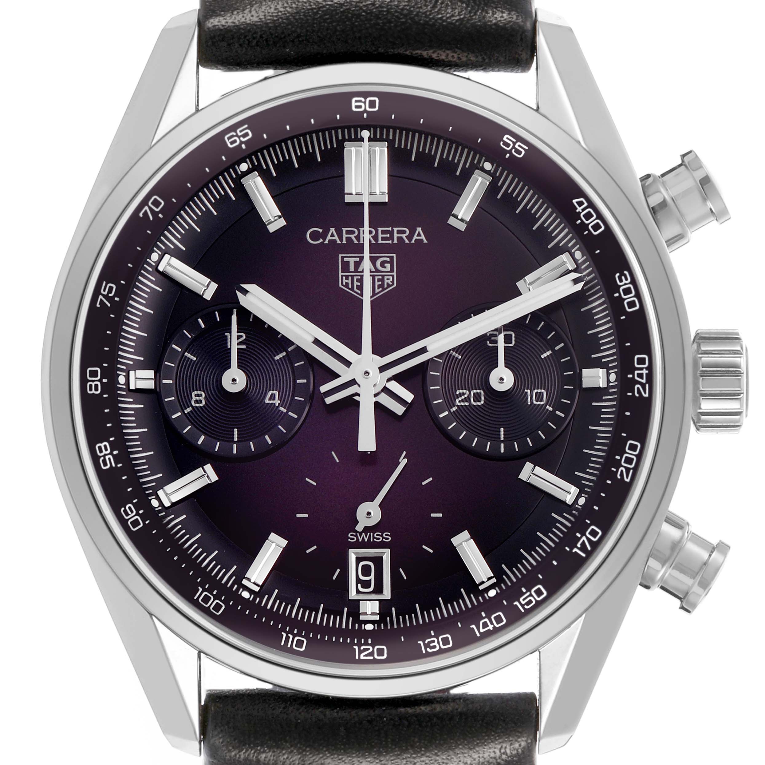 The Tag Heuer Carrera CBS2219.FC6607 Men's Stainless Steel Purple Dial watch is shown from a frontal angle, displaying its dial, case, crown, pushers, and leather strap.
