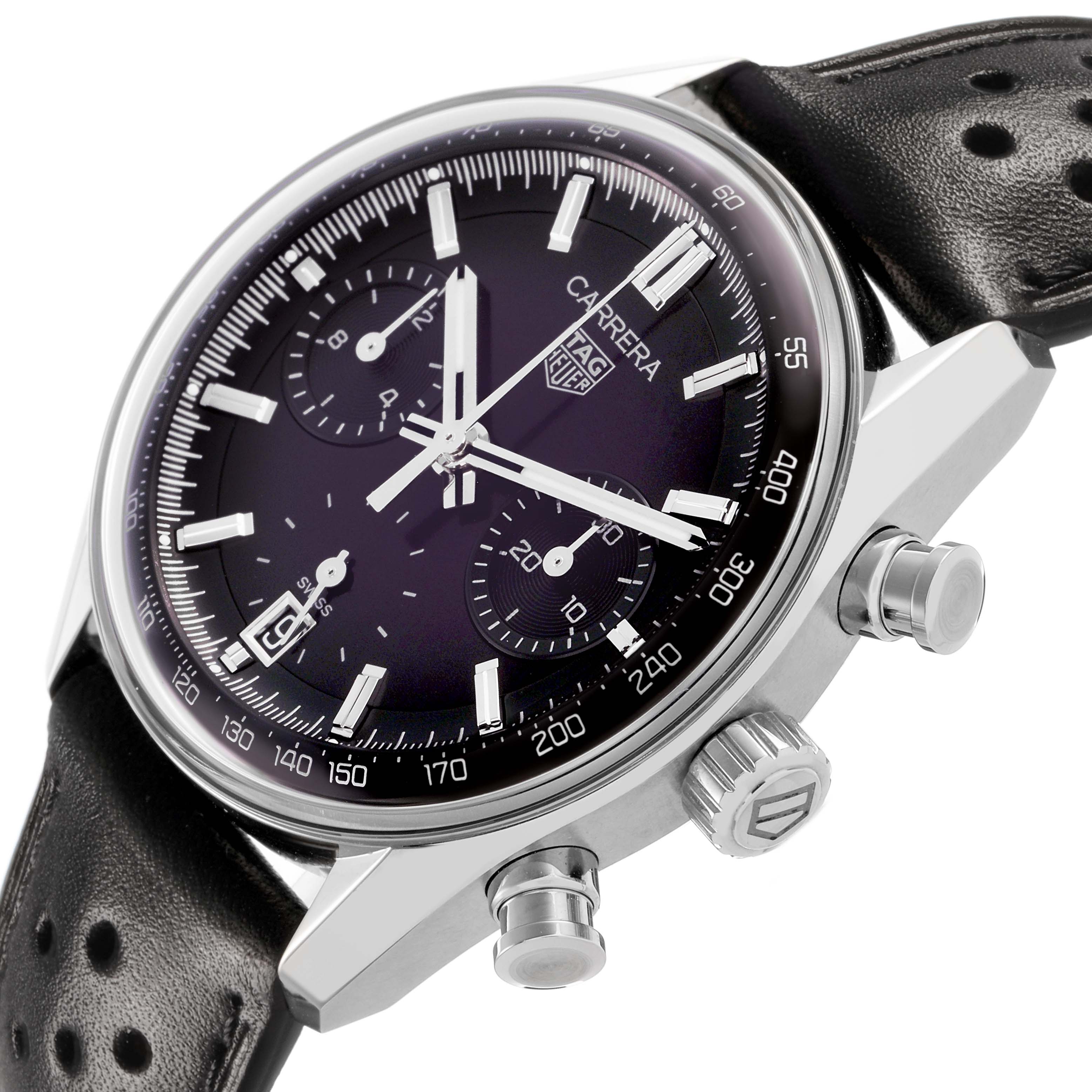 The Tag Heuer Carrera CBS2219.FC6607 Men's Stainless Steel Purple Dial watch is shown from a side angle, highlighting its case, crown, push buttons, and perforated black leather strap.
