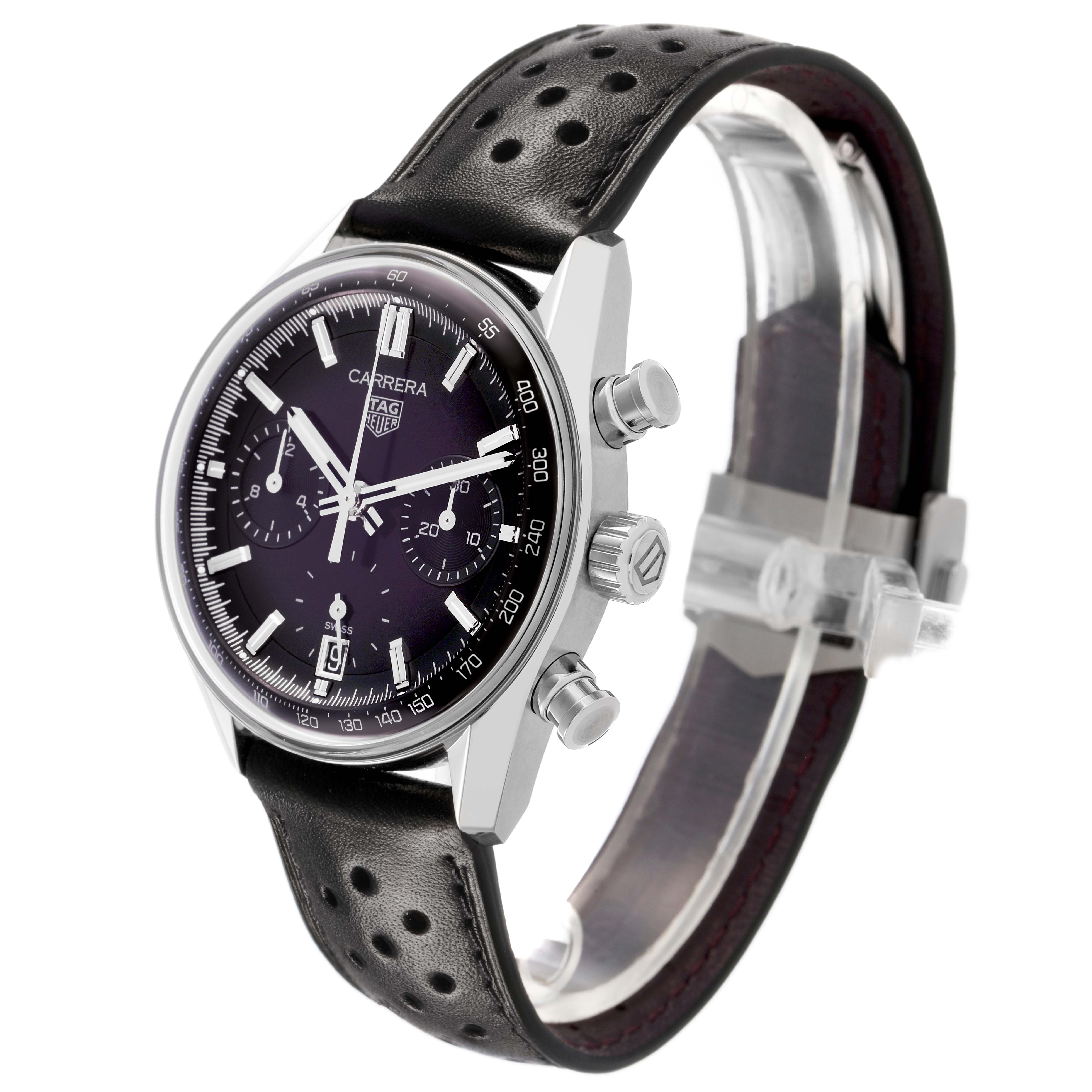 The Tag Heuer Carrera CBS2219.FC6607 Men's Stainless Steel Purple Dial watch is shown at a slight side angle, highlighting the dial, crown, pushers, and perforated leather strap.