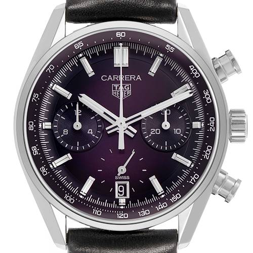 The Tag Heuer Carrera CBS2219.FC6607 Men's Stainless Steel Purple Dial watch is shown from a front angle, highlighting its dial, sub-dials, bezel, and crown.