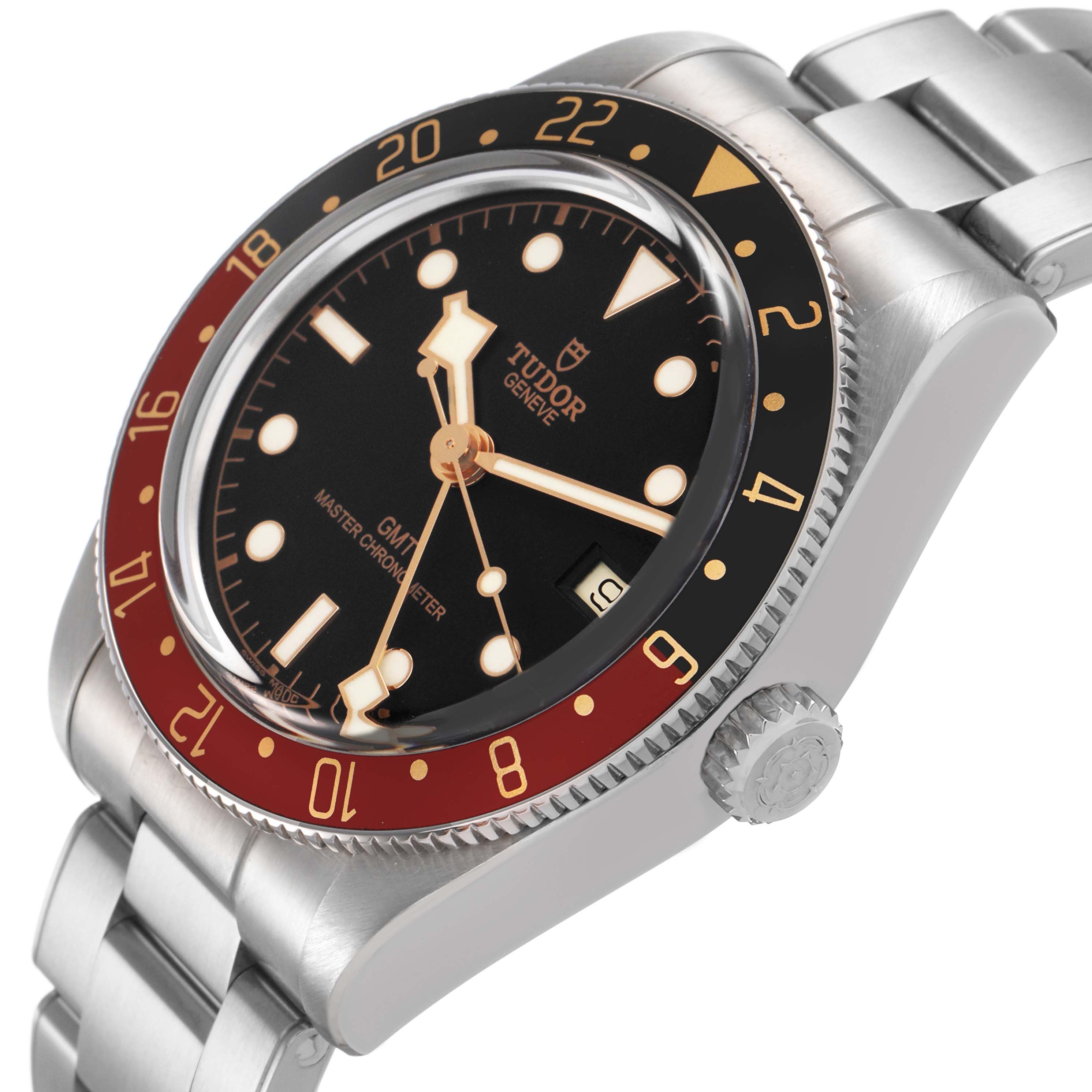 The Tudor Heritage Black Bay M7939G1A0NRU Men's Stainless Steel Black Dial watch is shown at an angle displaying the dial, bezel, crown, and part of the bracelet.