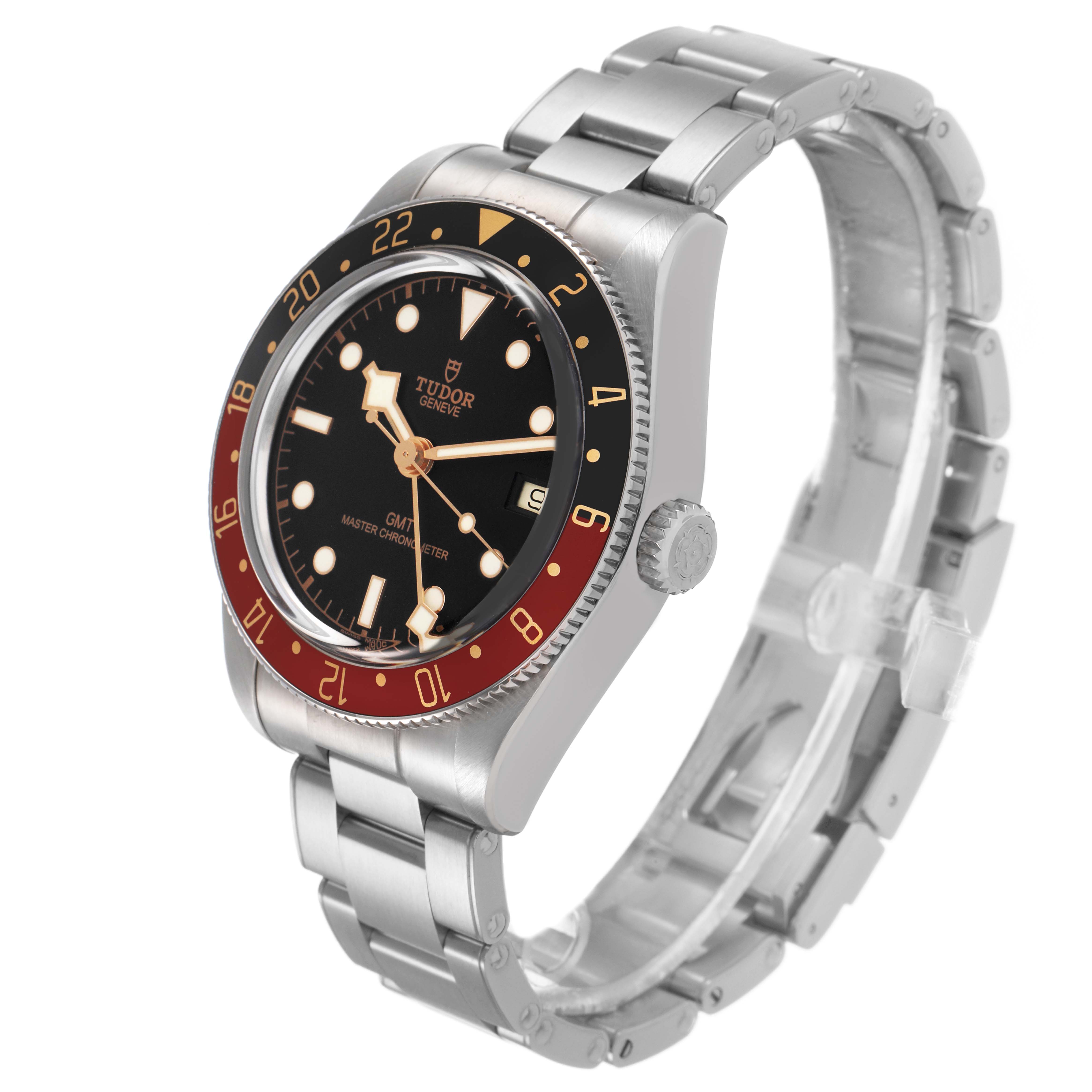 The Tudor Heritage Black Bay M7939G1A0NRU Men's Stainless Steel Black Dial watch is shown at a slight angle, highlighting the face, bezel, crown, and metal bracelet.