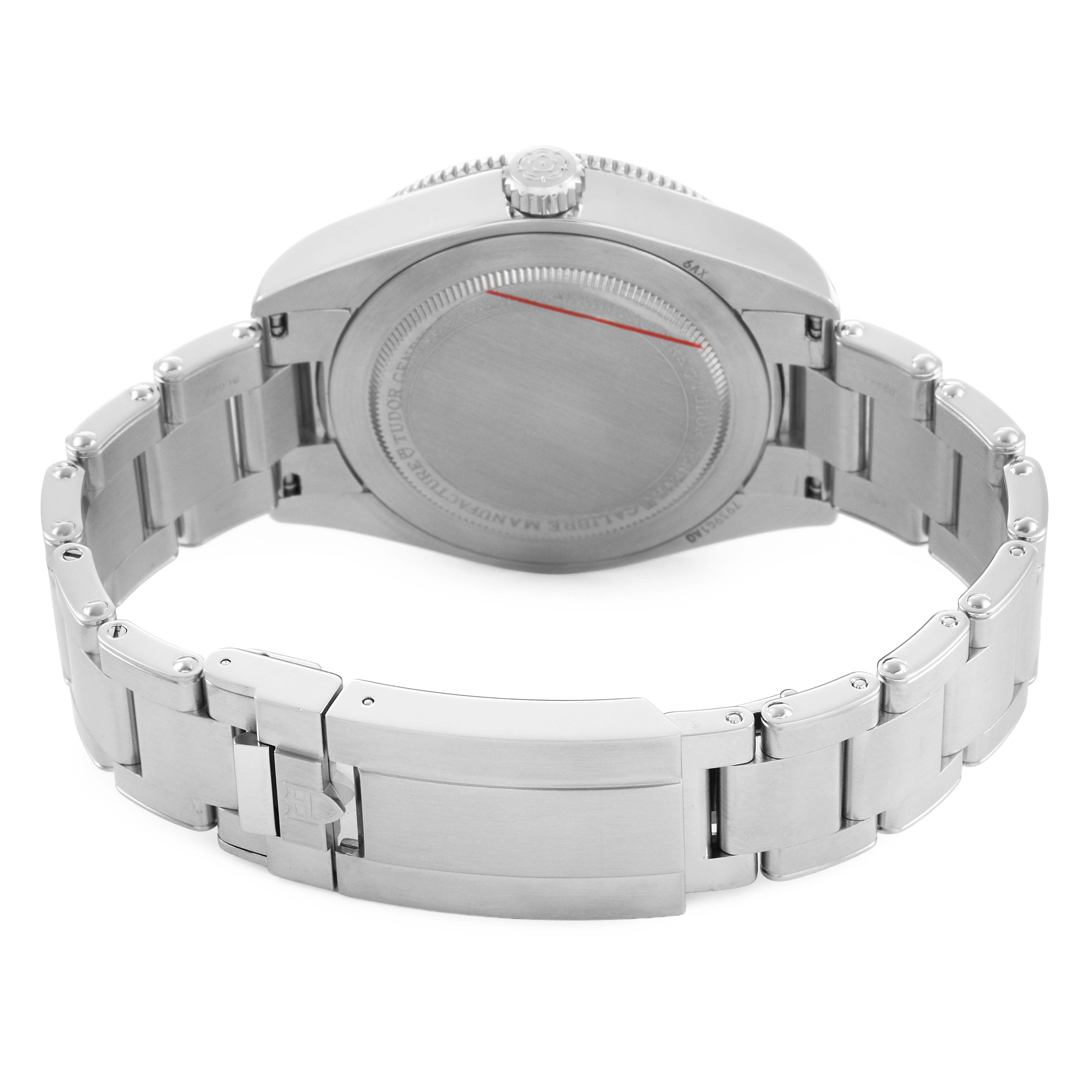 The image shows the back view of a Tudor Heritage Black Bay M7939G1A0NRU Men's Stainless Steel Black Dial watch, highlighting the case back, bracelet, and clasp.