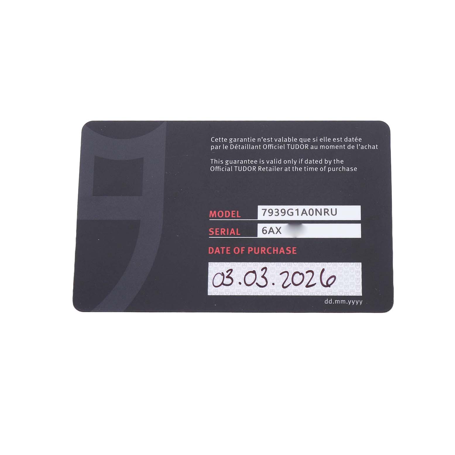 The image shows a Tudor Heritage Black Bay M7939G1A0NRU Men's Stainless Steel Black Dial warranty card with model, serial, and purchase date information.