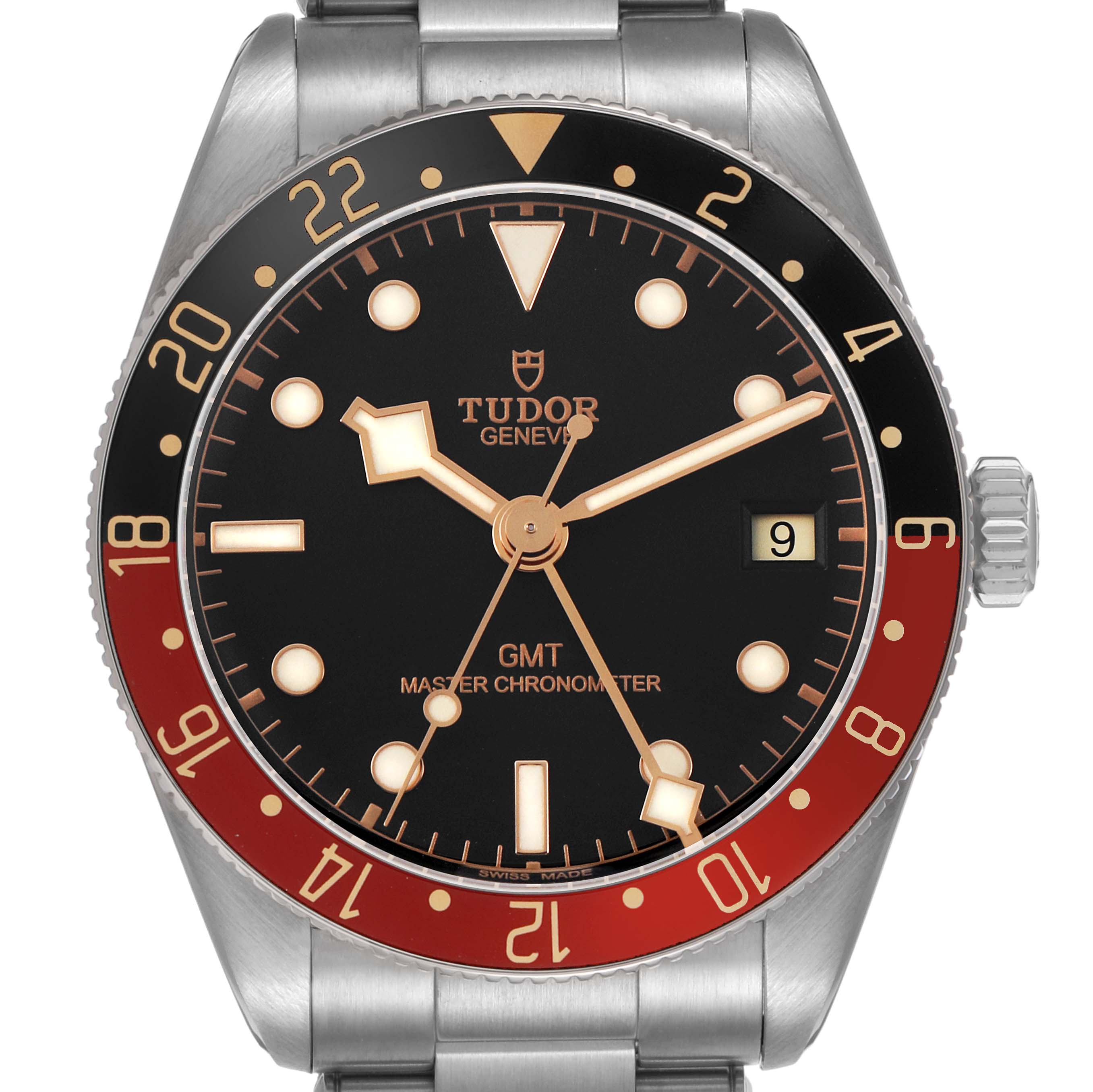 The Tudor Heritage Black Bay M7939G1A0NRU Men's Stainless Steel Black Dial watch is shown from a front angle, displaying the dial, bezel, and part of the bracelet.
