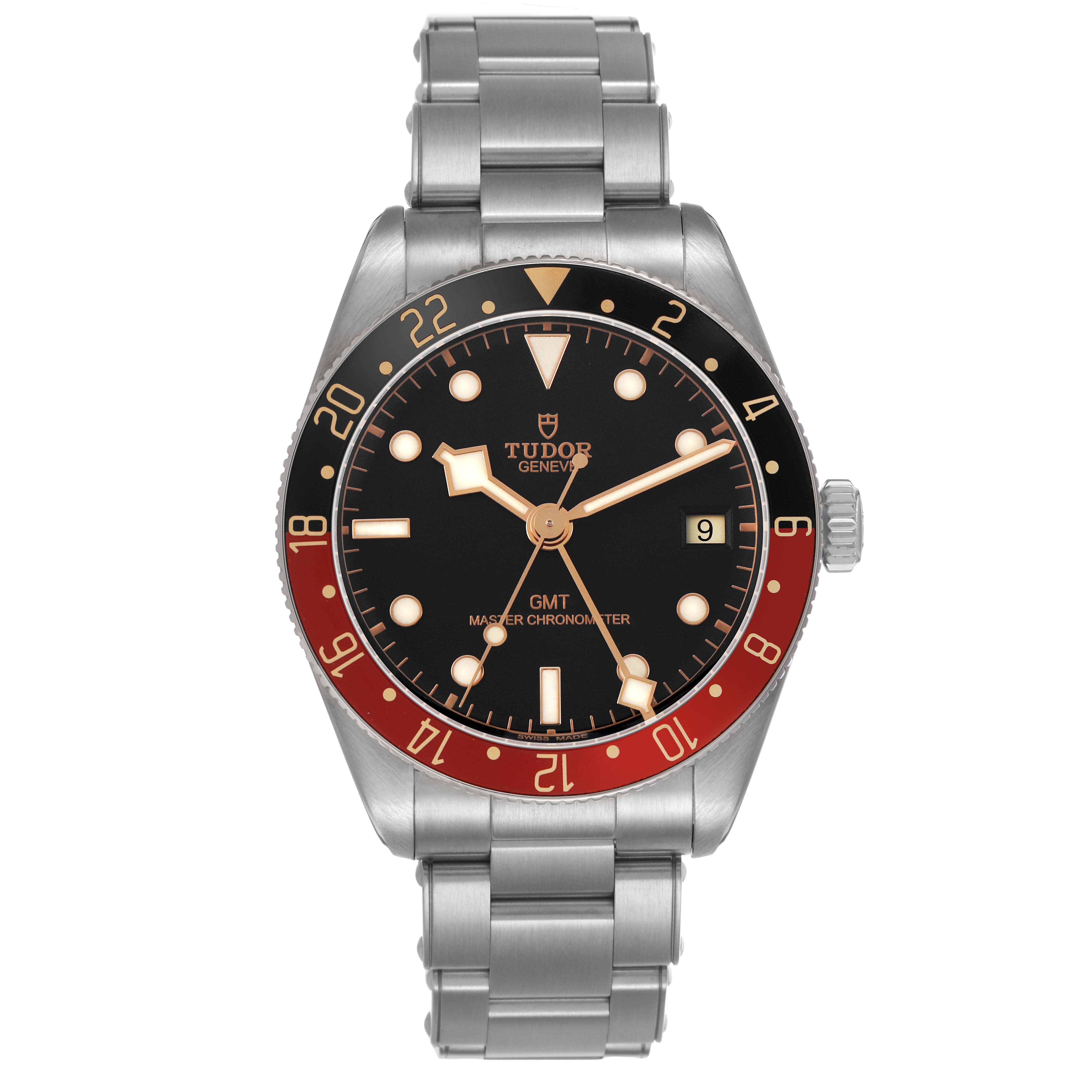The Tudor Heritage Black Bay M7939G1A0NRU Men's Stainless Steel Black Dial watch is shown from the front, displaying the dial, bezel, and bracelet.