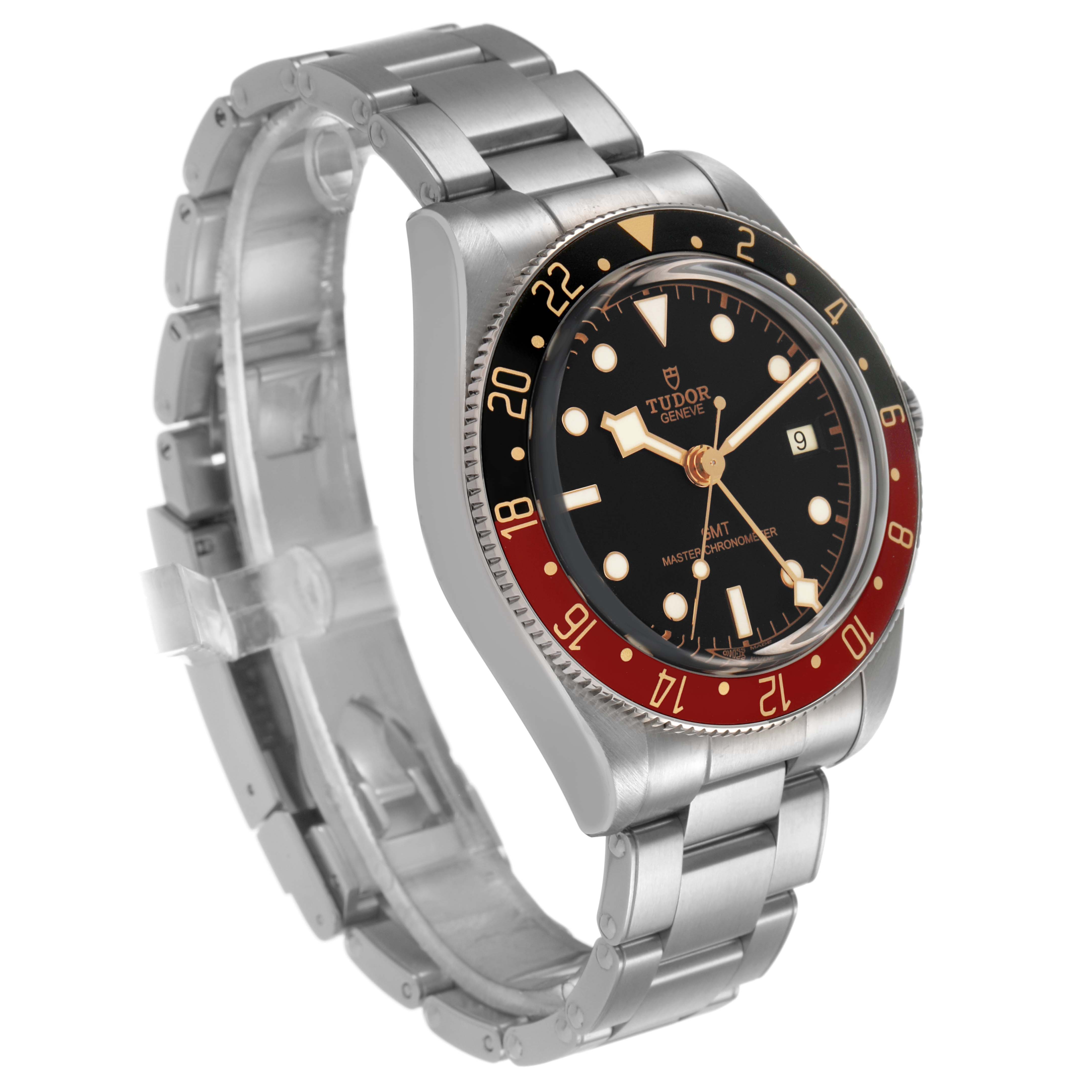 The Tudor Heritage Black Bay M7939G1A0NRU Men's Stainless Steel Black Dial watch is shown from a three-quarter angle, highlighting its bezel, dial, and bracelet.
