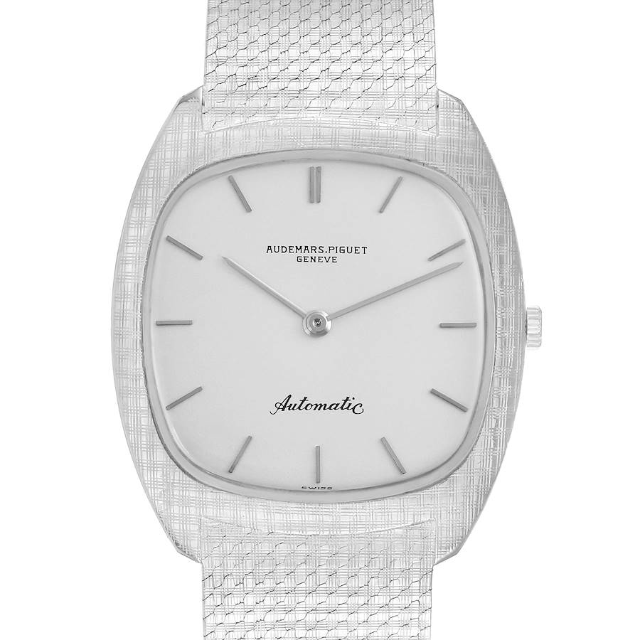 The Audemars Piguet Vintage 5279 Men's White Gold Silver Dial watch is shown from a front angle, highlighting its dial, hands, and mesh strap.