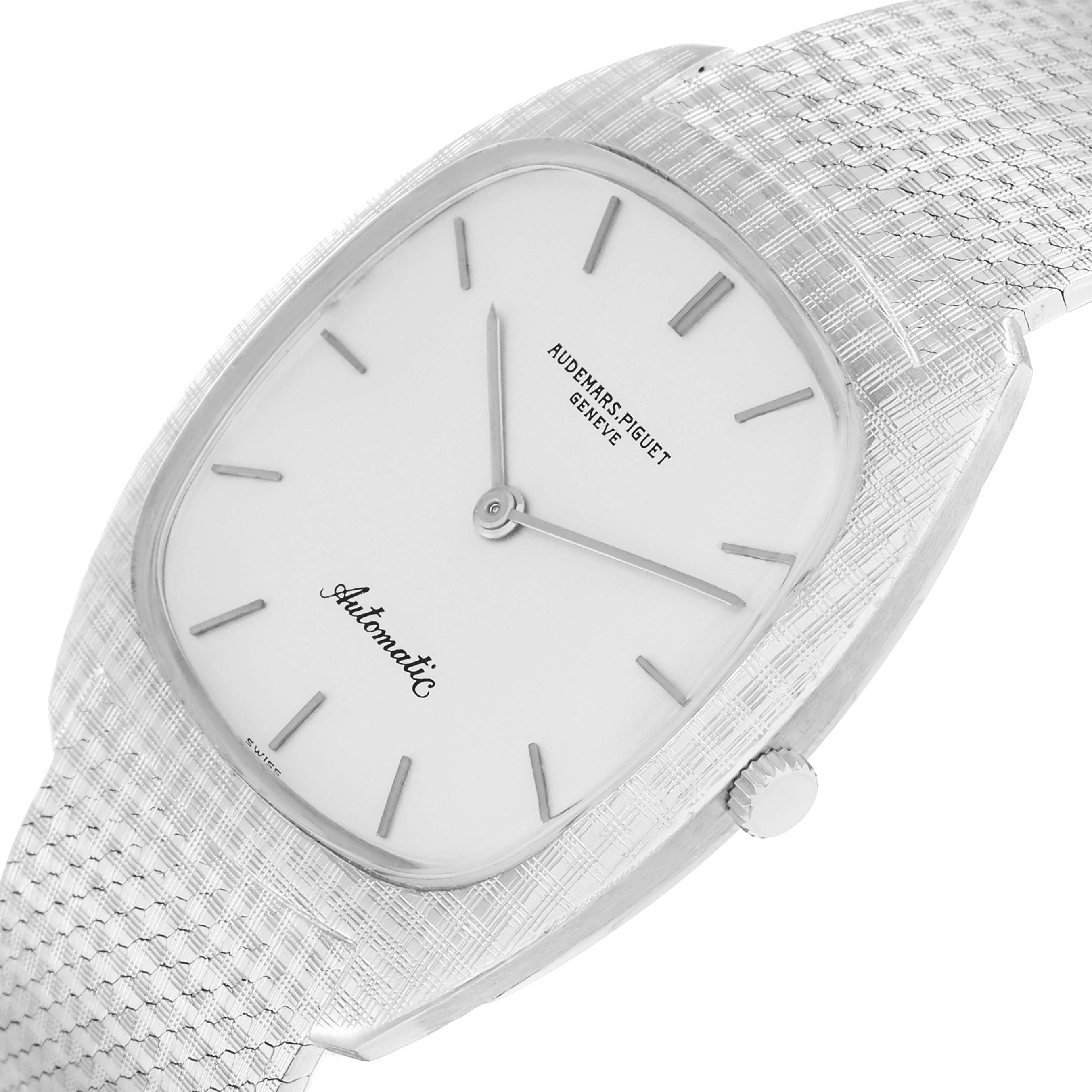 The Audemars Piguet Vintage 5279 Men
s White Gold Silver Dial model is shown at a slight angle, featuring the face, crown, and textured band.