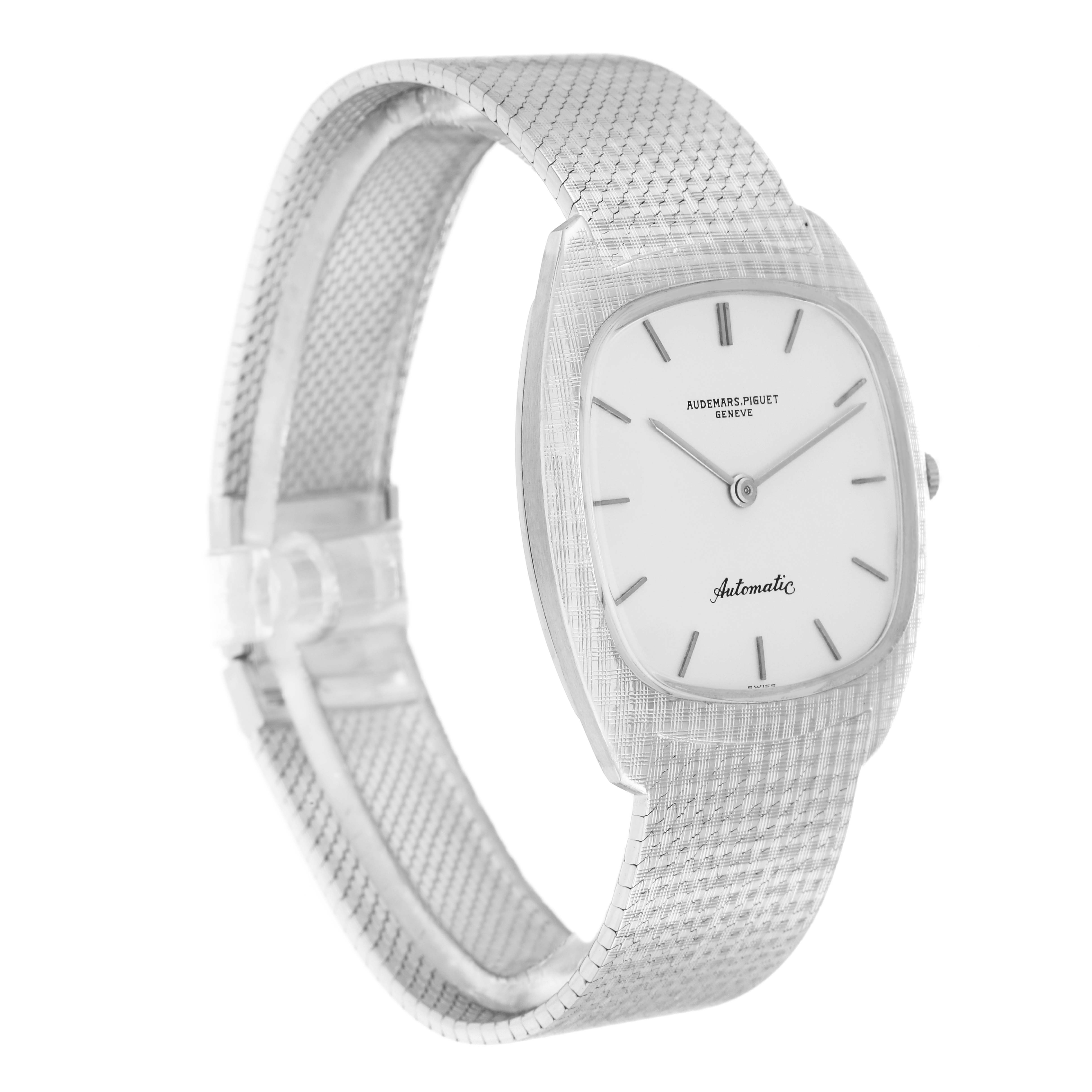 The Audemars Piguet Vintage 5279 Men
s White Gold Silver Dial watch is shown from a front angle, displaying the face, case, and the full bracelet.