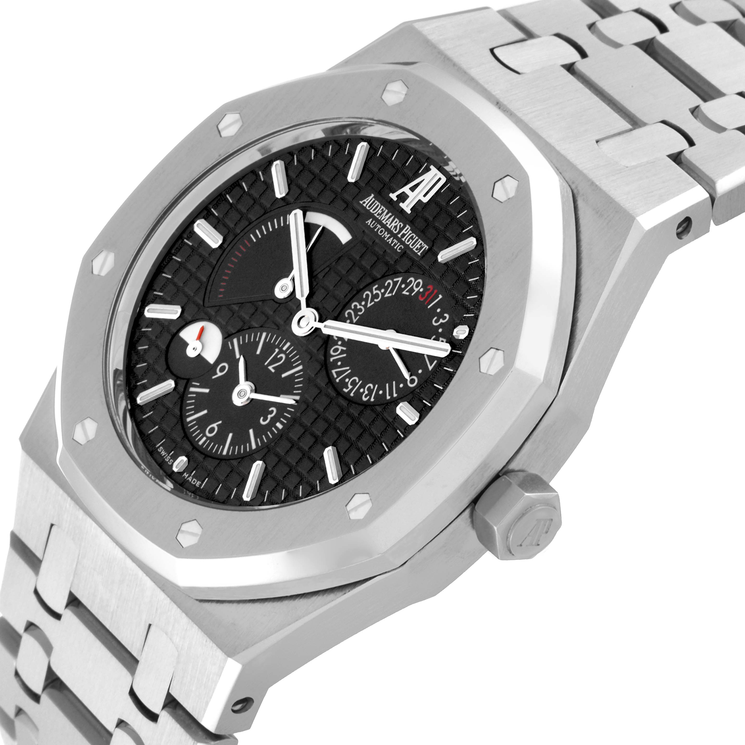 The image shows a close-up angle of the dial and part of the bracelet of an Audemars Piguet Royal Oak 26120ST.OO.1220ST.03 Men's Stainless Steel Black Dial 26120ST.OO.1220ST.03 Men's Stainless Steel Black Dial watch.