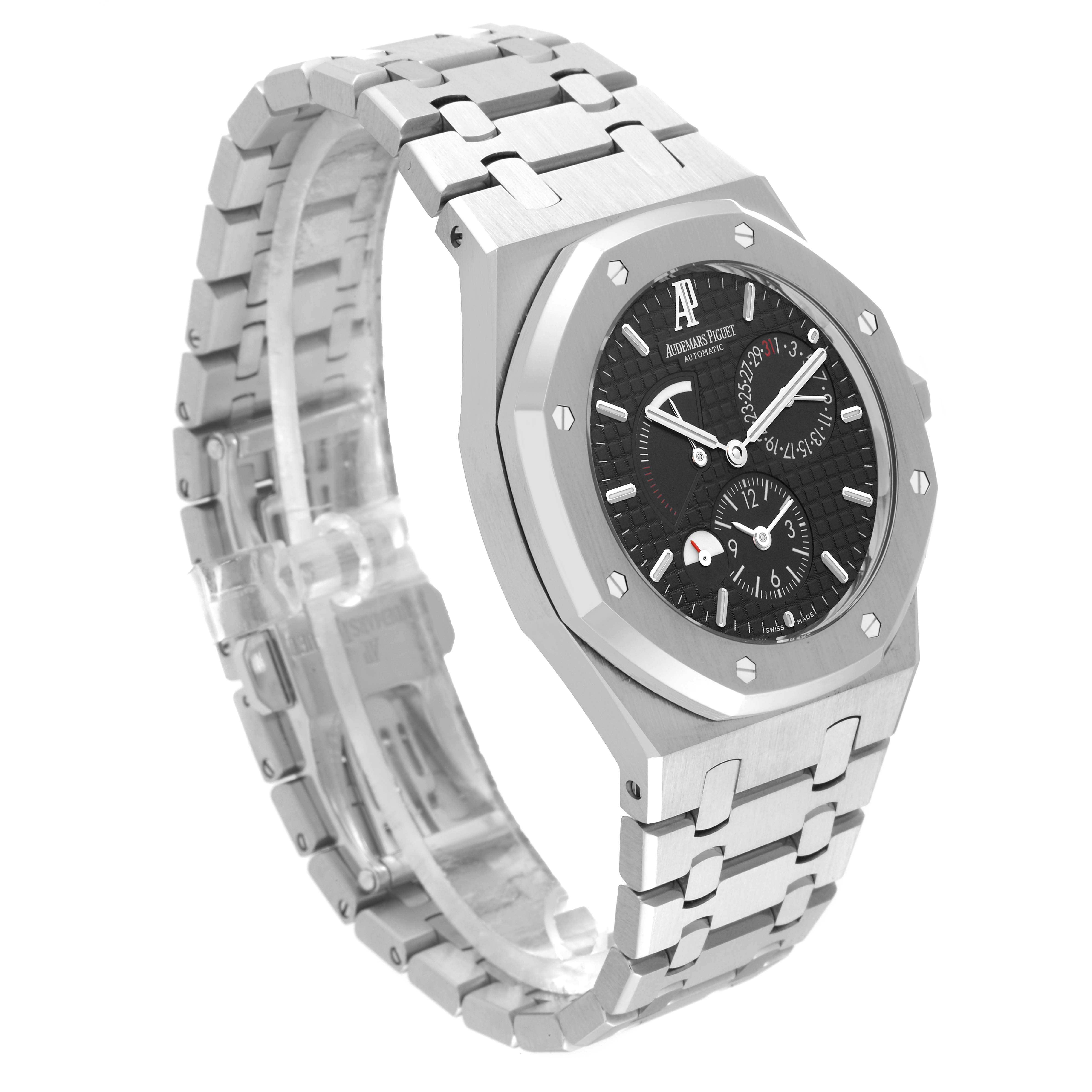 This image shows a side-angle view of the Audemars Piguet Royal Oak 26120ST.OO.1220ST.03 Men's Stainless Steel Black Dial 26120ST.OO.1220ST.03 Men's Stainless Steel Black Dial watch, highlighting its bezel, dial, and bracelet.