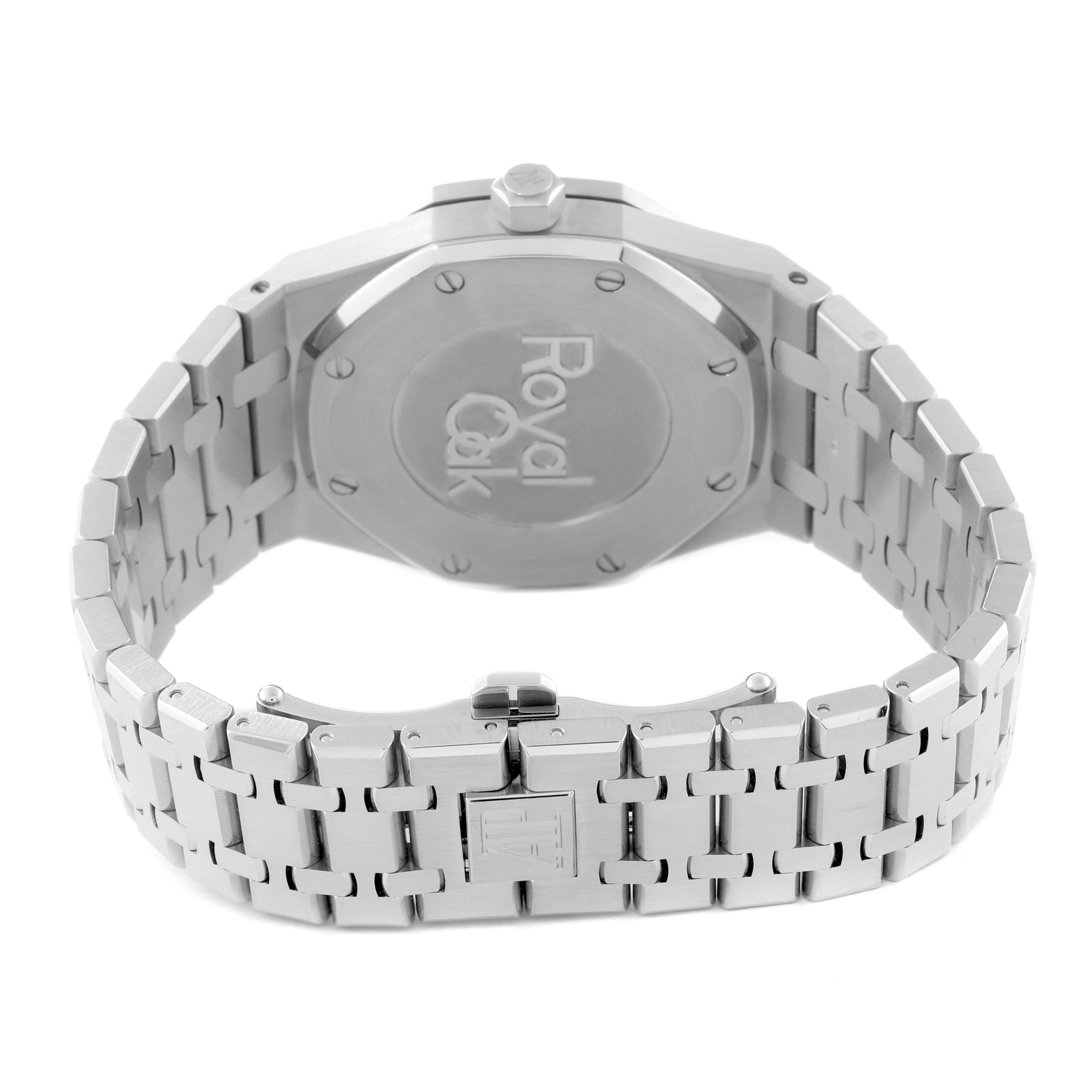 The image shows the back and bracelet of the Audemars Piguet Royal Oak 26120ST.OO.1220ST.03 Men's Stainless Steel Black Dial 26120ST.OO.1220ST.03 Men's Stainless Steel Black Dial watch from a rear angle.