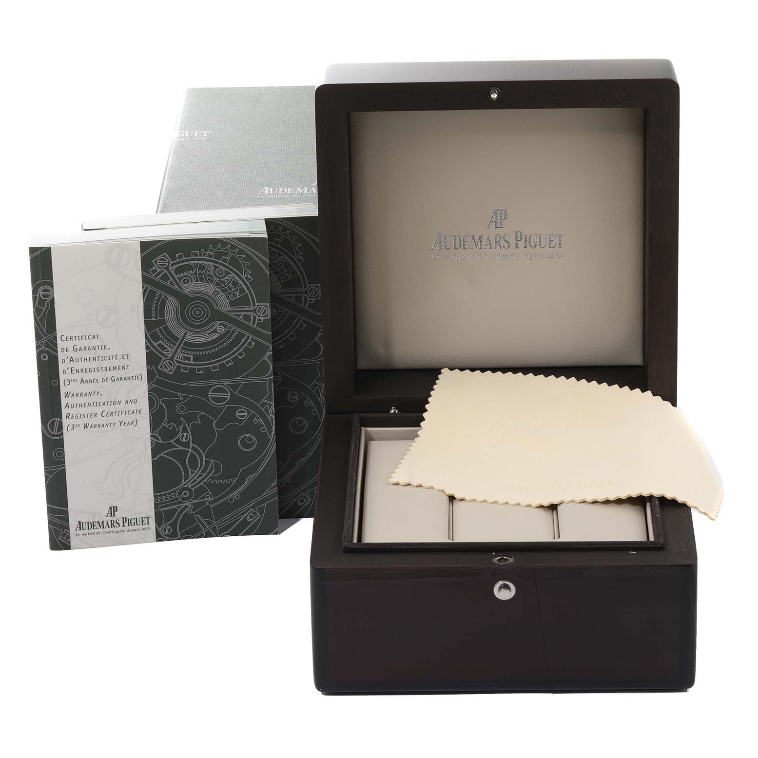 The image shows the packaging for an Audemars Piguet Royal Oak 26120ST.OO.1220ST.03 Men's Stainless Steel Black Dial 26120ST.OO.1220ST.03 Men's Stainless Steel Black Dial watch, including the box, certificate, and a polishing cloth.