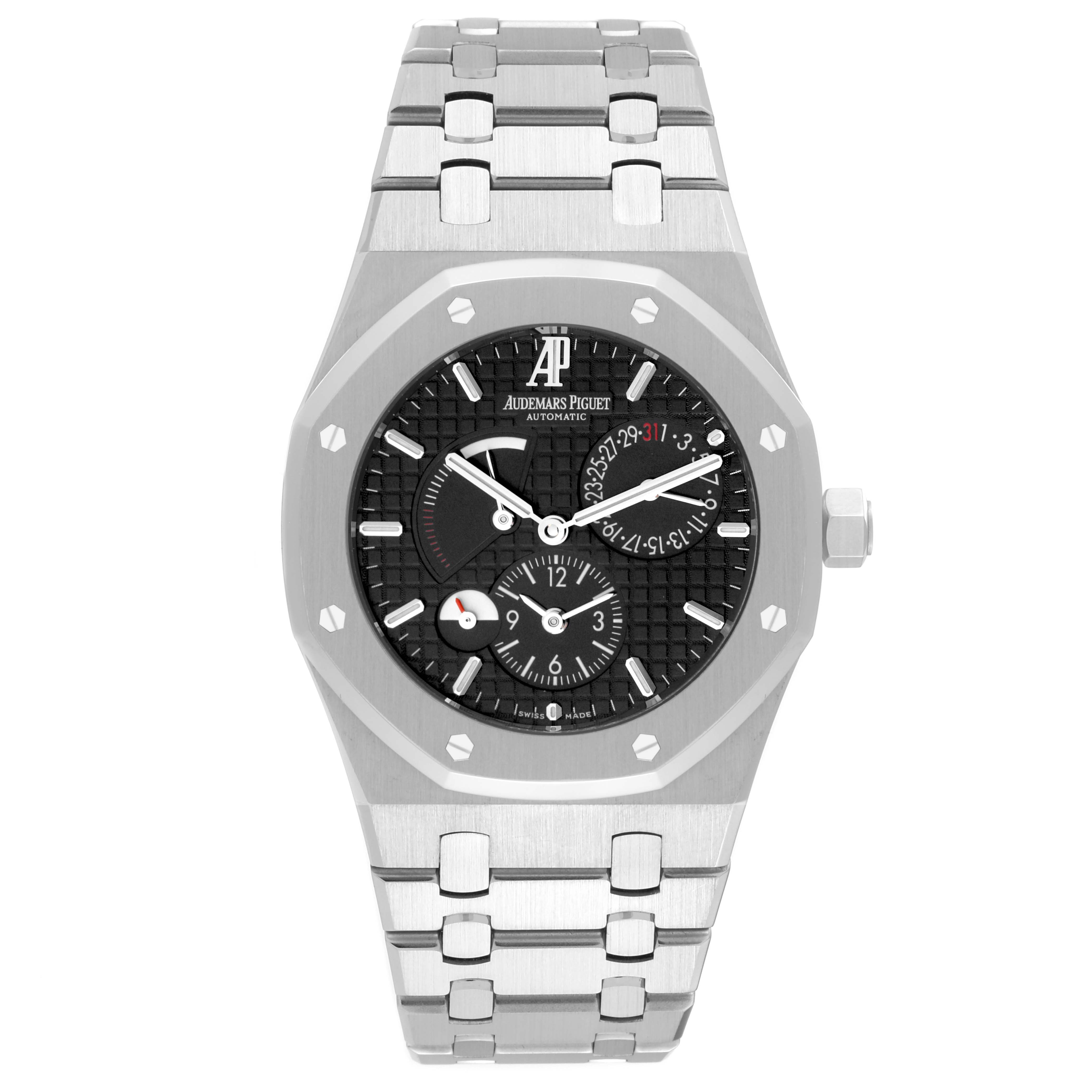 The image shows a front view of the Audemars Piguet Royal Oak 26120ST.OO.1220ST.03 Men's Stainless Steel Black Dial 26120ST.OO.1220ST.03 Men's Stainless Steel Black Dial watch, displaying its dial and bracelet.