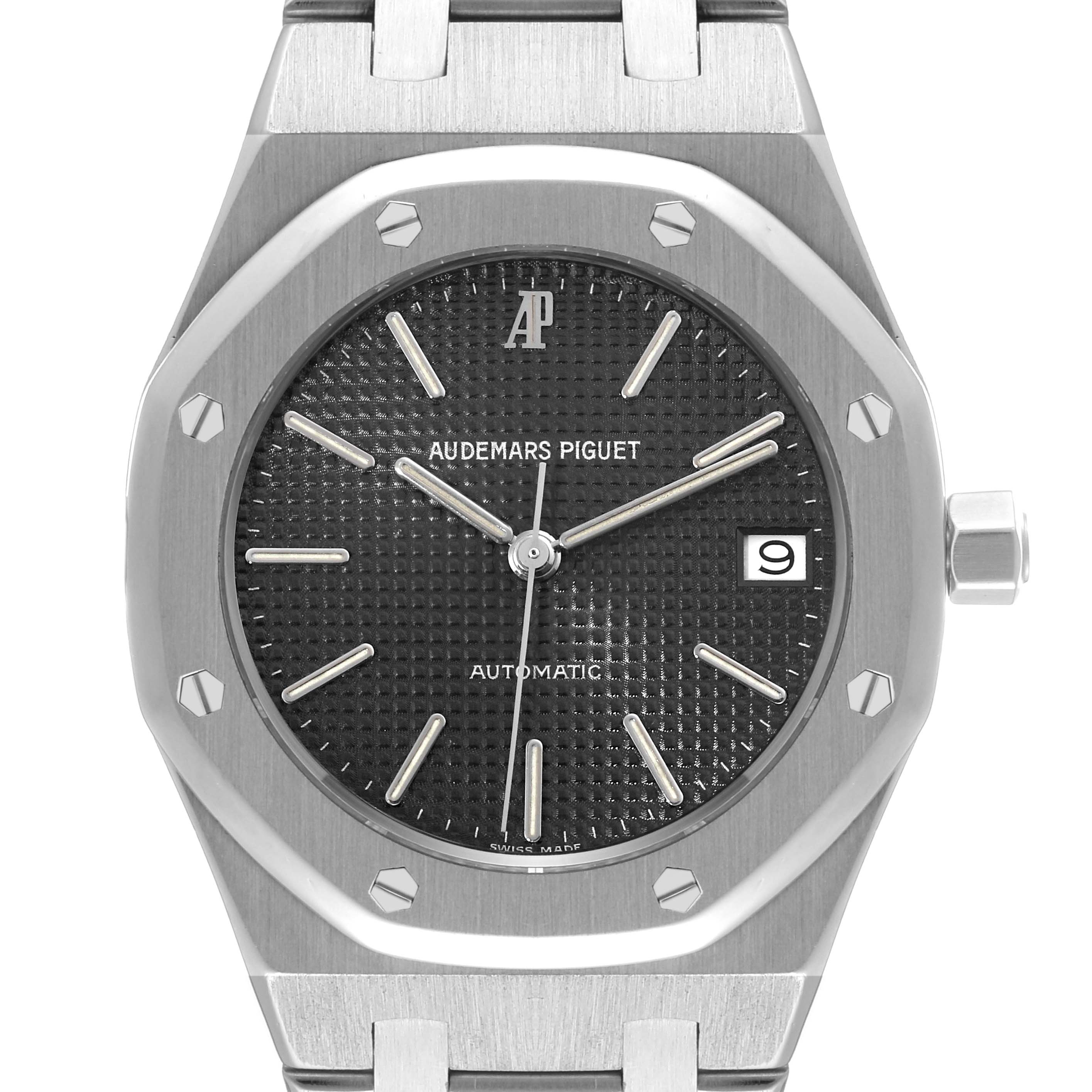 The image shows a front view of the Audemars Piguet Royal Oak 14790ST Men's Stainless Steel Grey Dial 14790ST Men's Stainless Steel Grey Dial watch, highlighting its dial, octagonal bezel, and a portion of the bracelet.