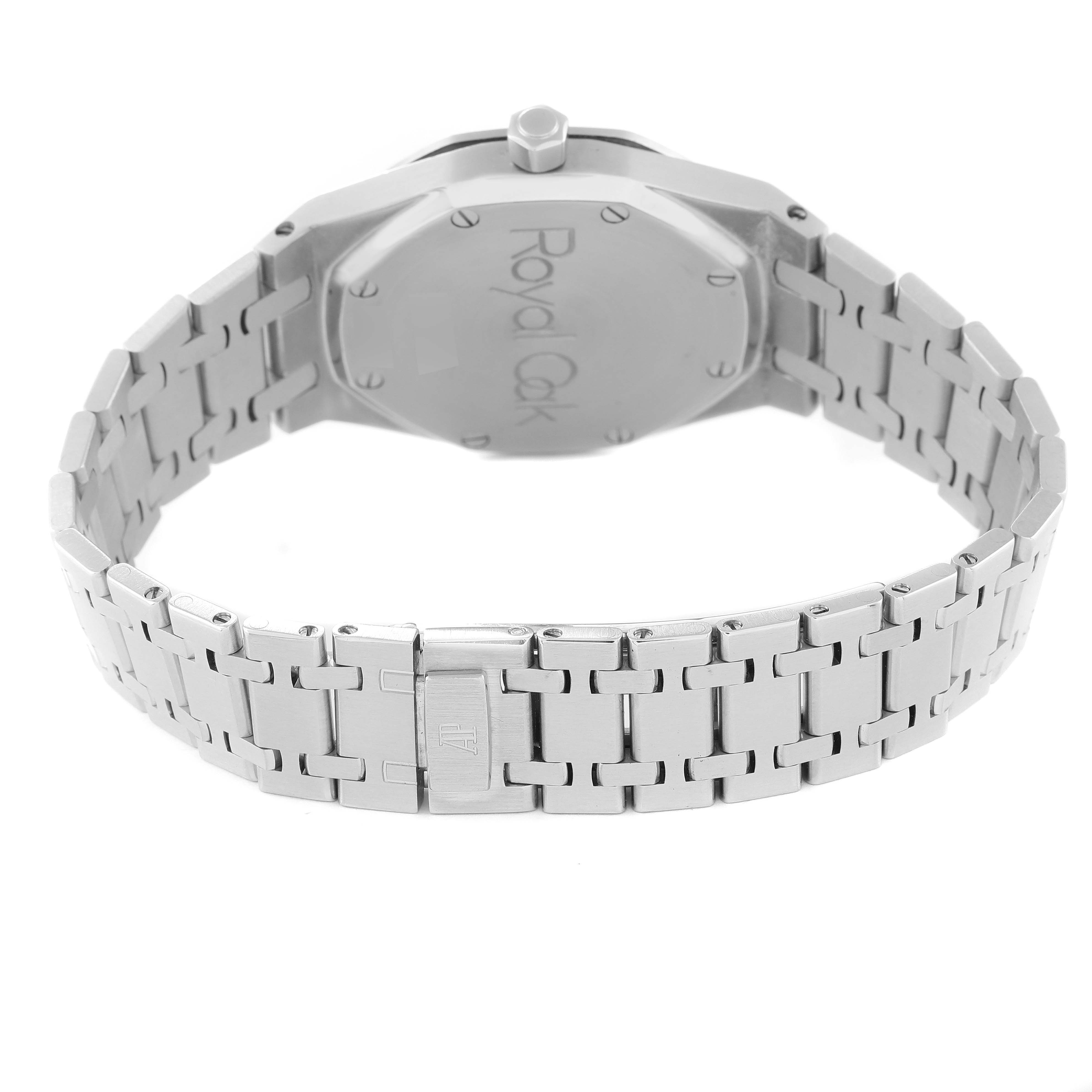 The image shows the back of the Audemars Piguet Royal Oak 14790ST Men's Stainless Steel Grey Dial 14790ST Men's Stainless Steel Grey Dial watch and part of its metal bracelet.