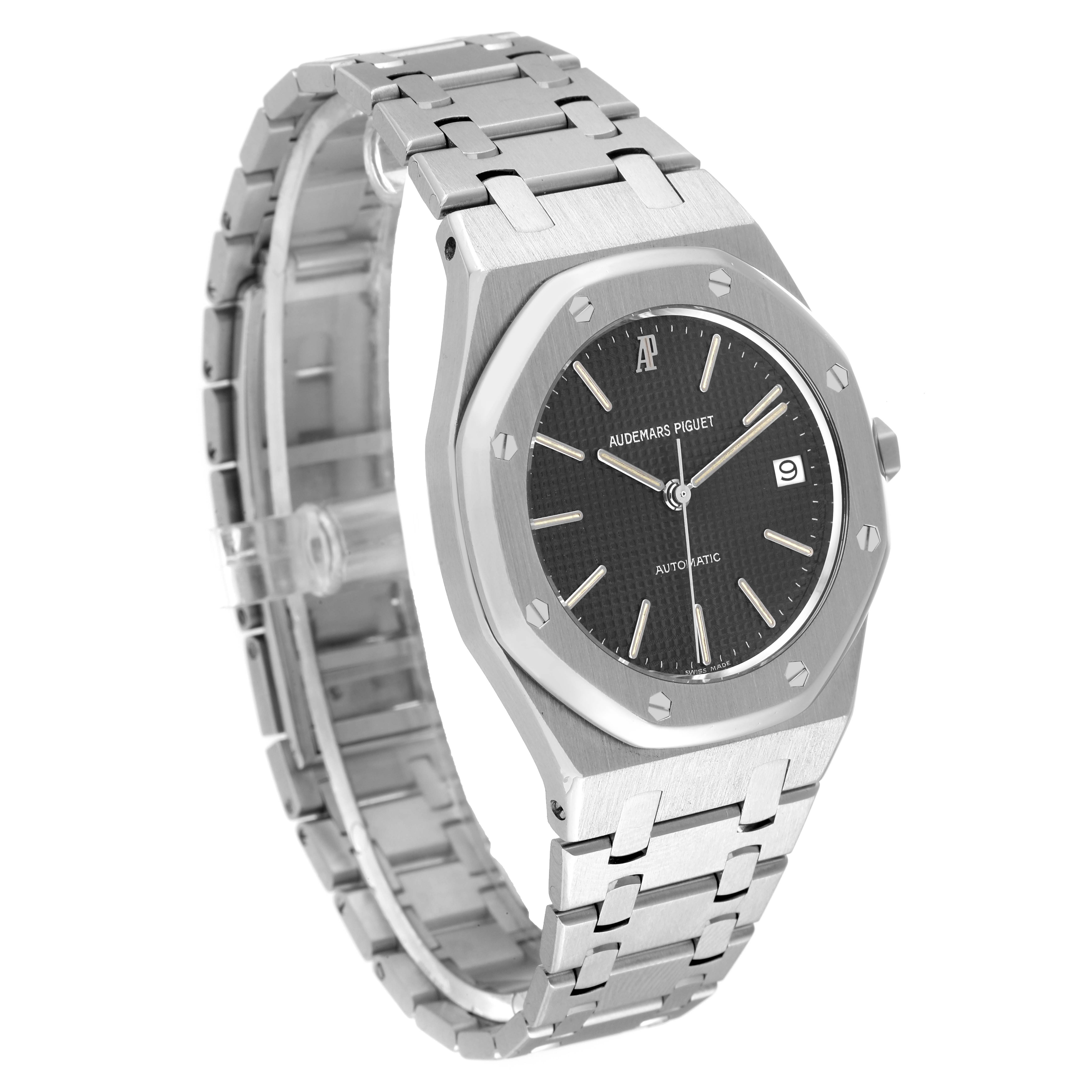 The image shows a side-angle view of the Audemars Piguet Royal Oak 14790ST Men's Stainless Steel Grey Dial 14790ST Men's Stainless Steel Grey Dial watch, highlighting its bracelet, case, and dial with a date display.