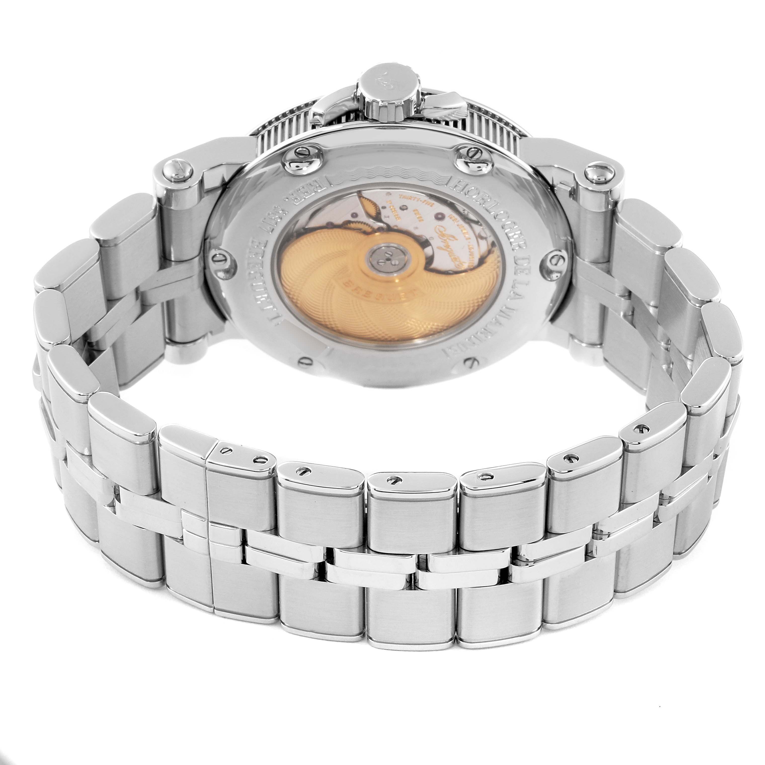 The image shows the back side and the metal bracelet of a Breguet Marine 5817ST/12/SM0 Men's Stainless Steel Silver Dial 5817ST/12/SM0 Men's Stainless Steel Silver Dial model watch.