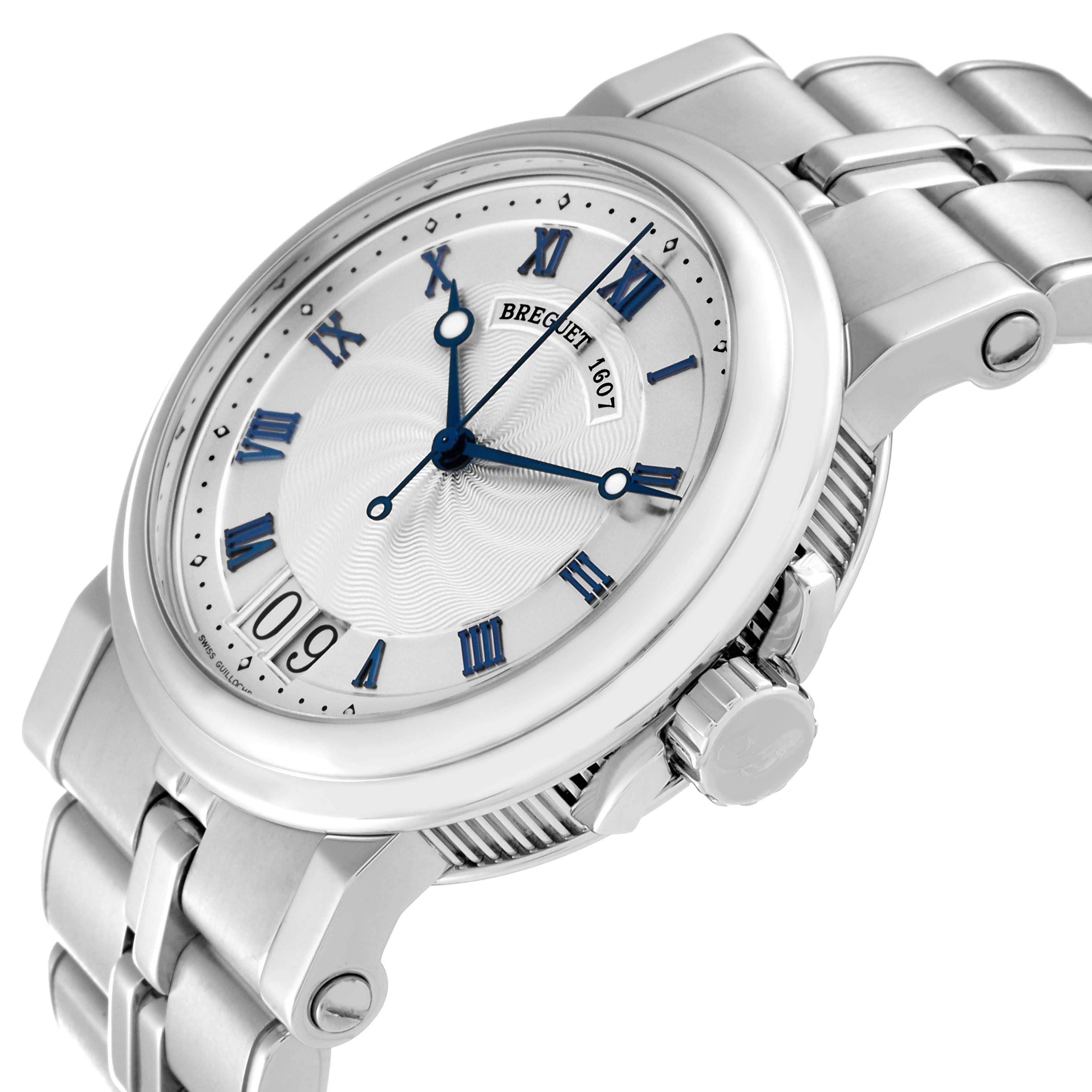 The Breguet Marine 5817ST/12/SM0 Men's Stainless Steel Silver Dial 5817ST/12/SM0 Men's Stainless Steel Silver Dial watch is shown from a front-side angle, featuring its face, crown, and metal bracelet.