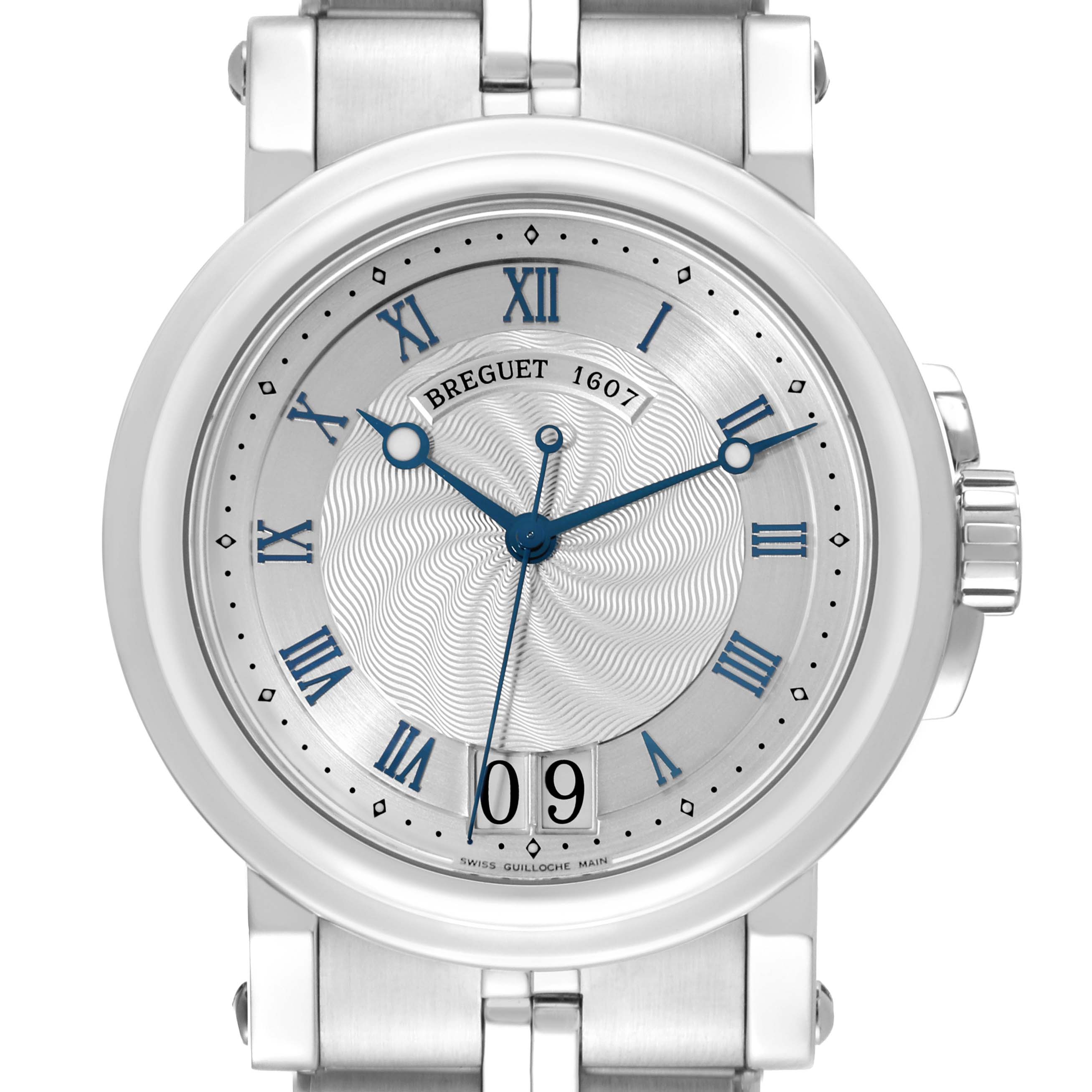 The image shows a front-facing view of the Breguet Marine 5817ST/12/SM0 Men's Stainless Steel Silver Dial 5817ST/12/SM0 Men's Stainless Steel Silver Dial model watch, displaying its dial, hands, date window, and part of its bracelet.