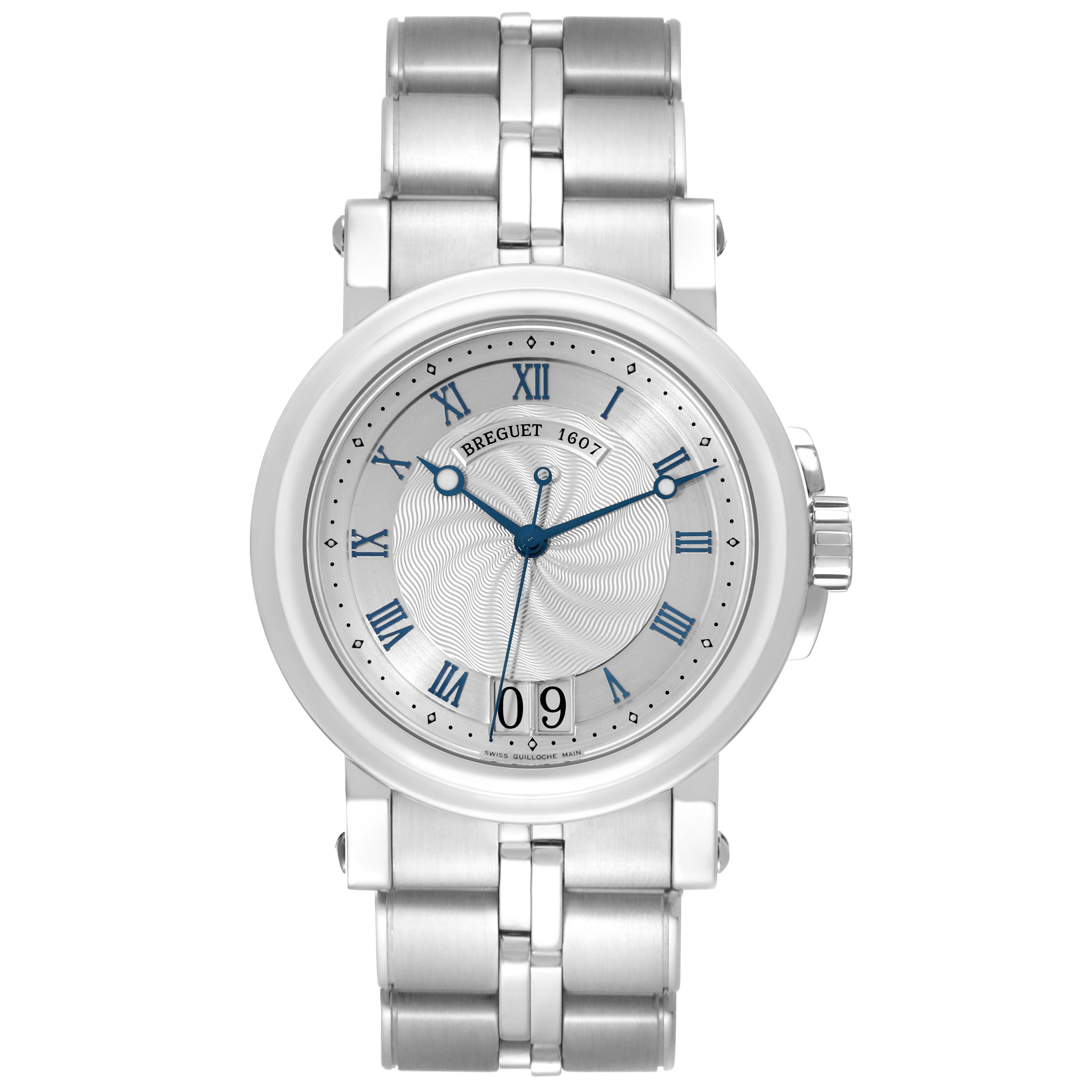 The image shows a front view of a Breguet Marine 5817ST/12/SM0 Men's Stainless Steel Silver Dial 5817ST/12/SM0 Men's Stainless Steel Silver Dial model watch, highlighting its dial, hands, and bracelet.