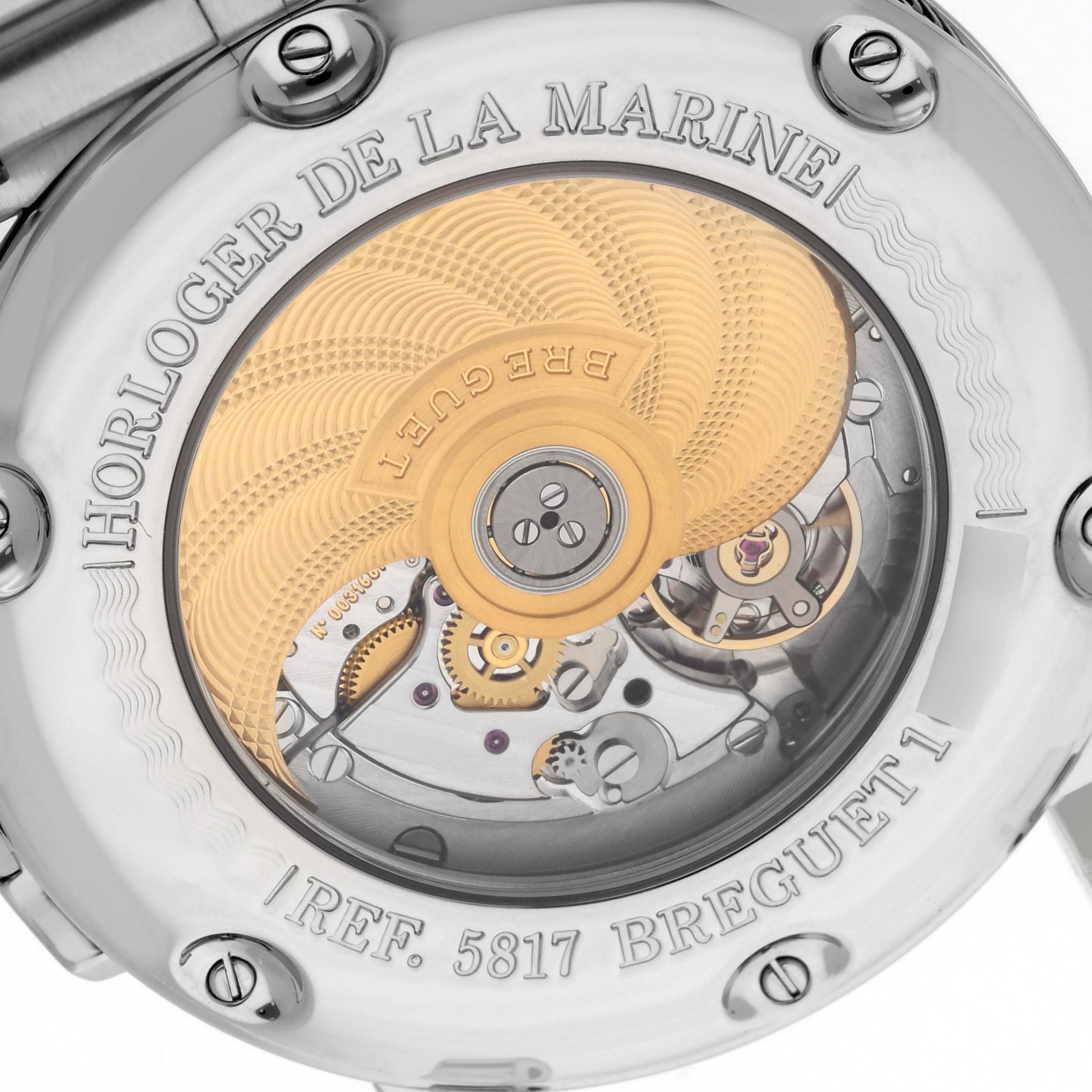 The image shows the back view of the Breguet Marine 5817ST/12/SM0 Men's Stainless Steel Silver Dial 5817ST/12/SM0 Men's Stainless Steel Silver Dial model, highlighting the automatic movement and rotor details.