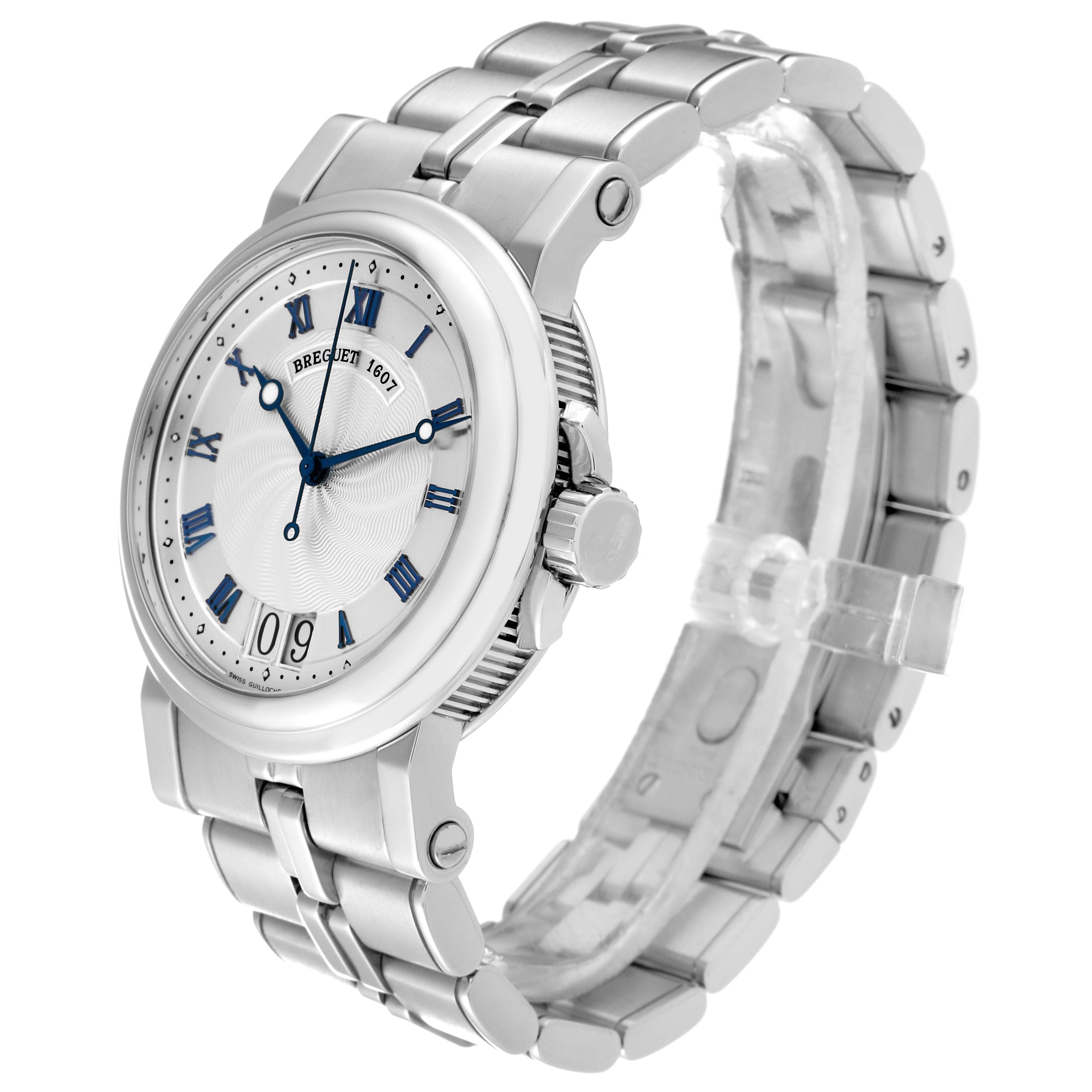The image shows a Breguet Marine 5817ST/12/SM0 Men's Stainless Steel Silver Dial 5817ST/12/SM0 Men's Stainless Steel Silver Dial model watch at a three-quarter angle, highlighting the dial, crown, and metal bracelet.