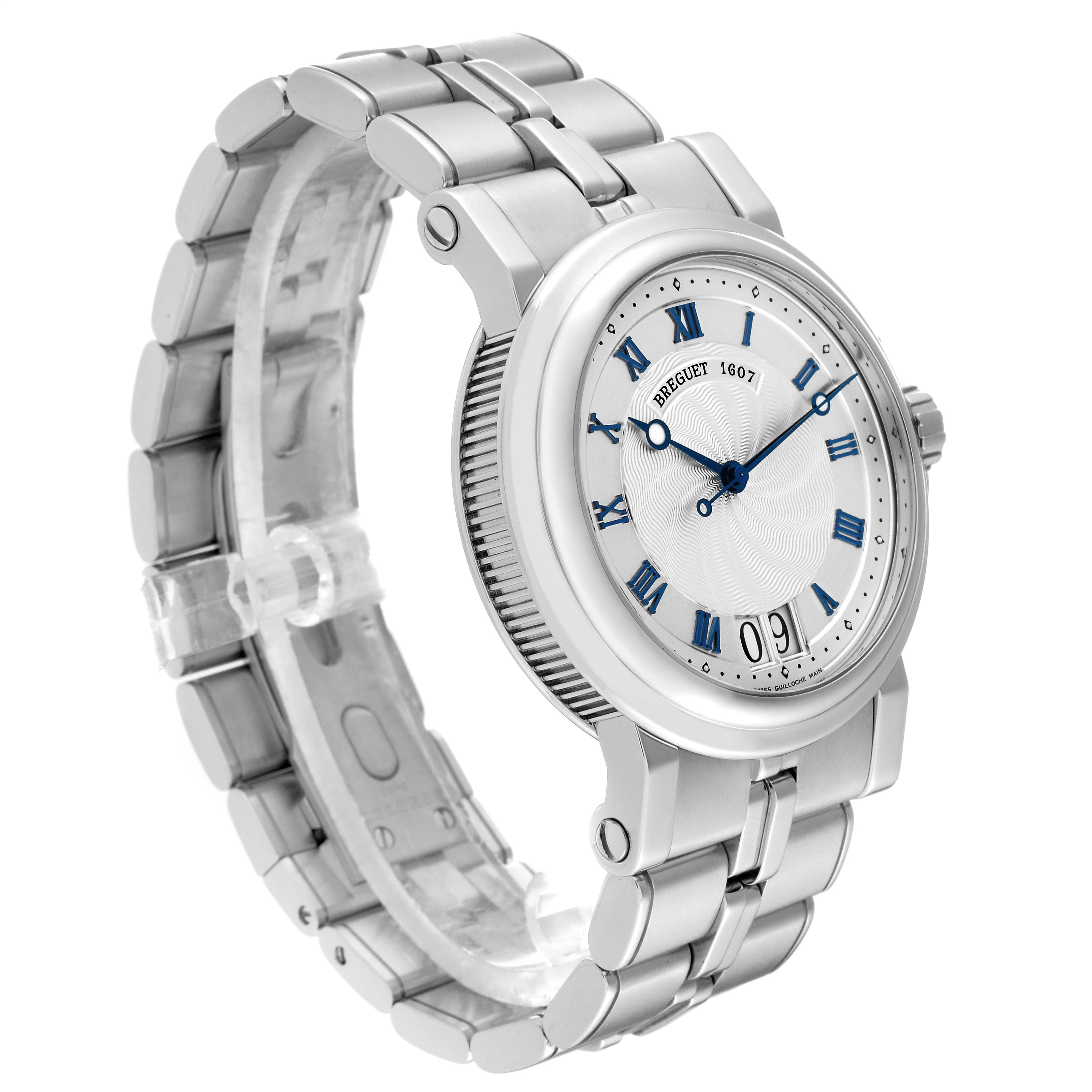 The image shows a Breguet Marine 5817ST/12/SM0 Men's Stainless Steel Silver Dial 5817ST/12/SM0 Men's Stainless Steel Silver Dial Big Date Silver Dial Automatic Steel Mens Watch 5817ST.