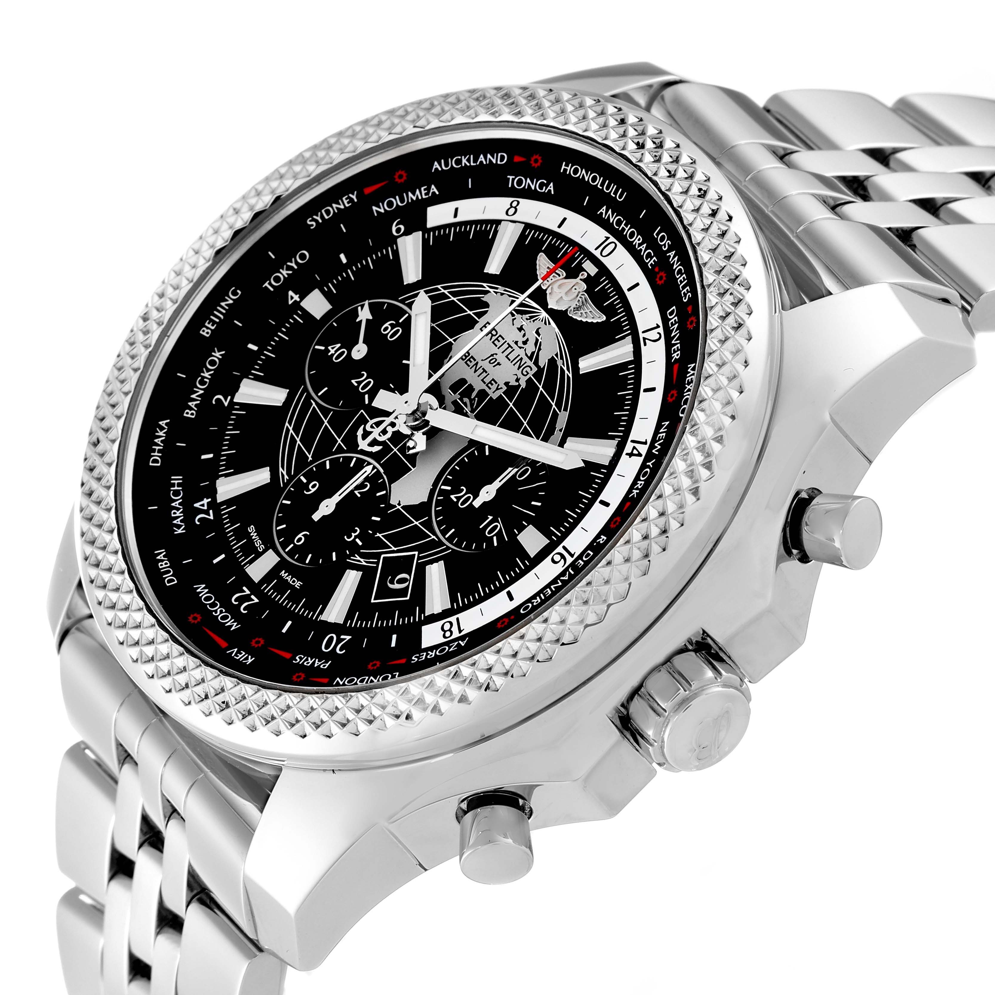 The image shows a Breitling Bentley AB0521U4/BD79 Men's Stainless Steel Black Dial AB0521U4/BD79 Men's Stainless Steel Black Dial GMT B05 Unitime Black Dial Mens Watch AB0521 Box Card.